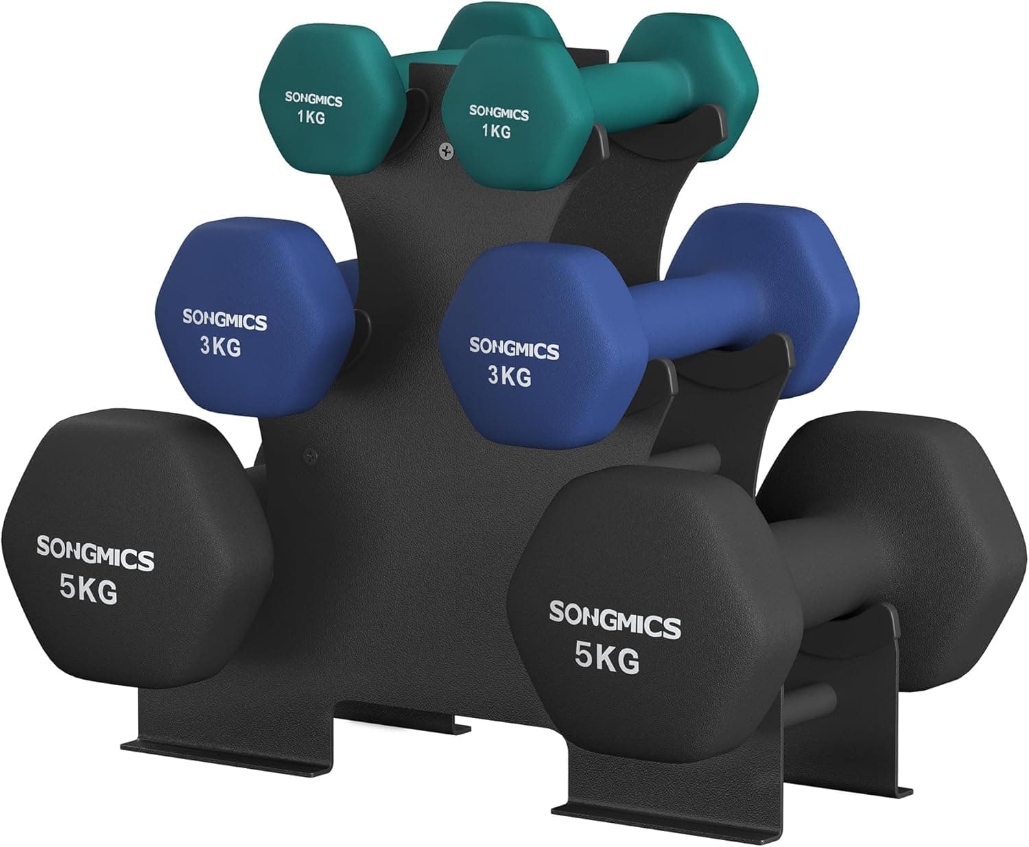 SONGMICS Kurzhantel Set, Hexagon, mit Hantelständer, 2 x 1 kg, 2 x 3 kg, 2 x 5 kg, mattes Finish, Neopren-Beschichtung, Krafttraining, zu Hause