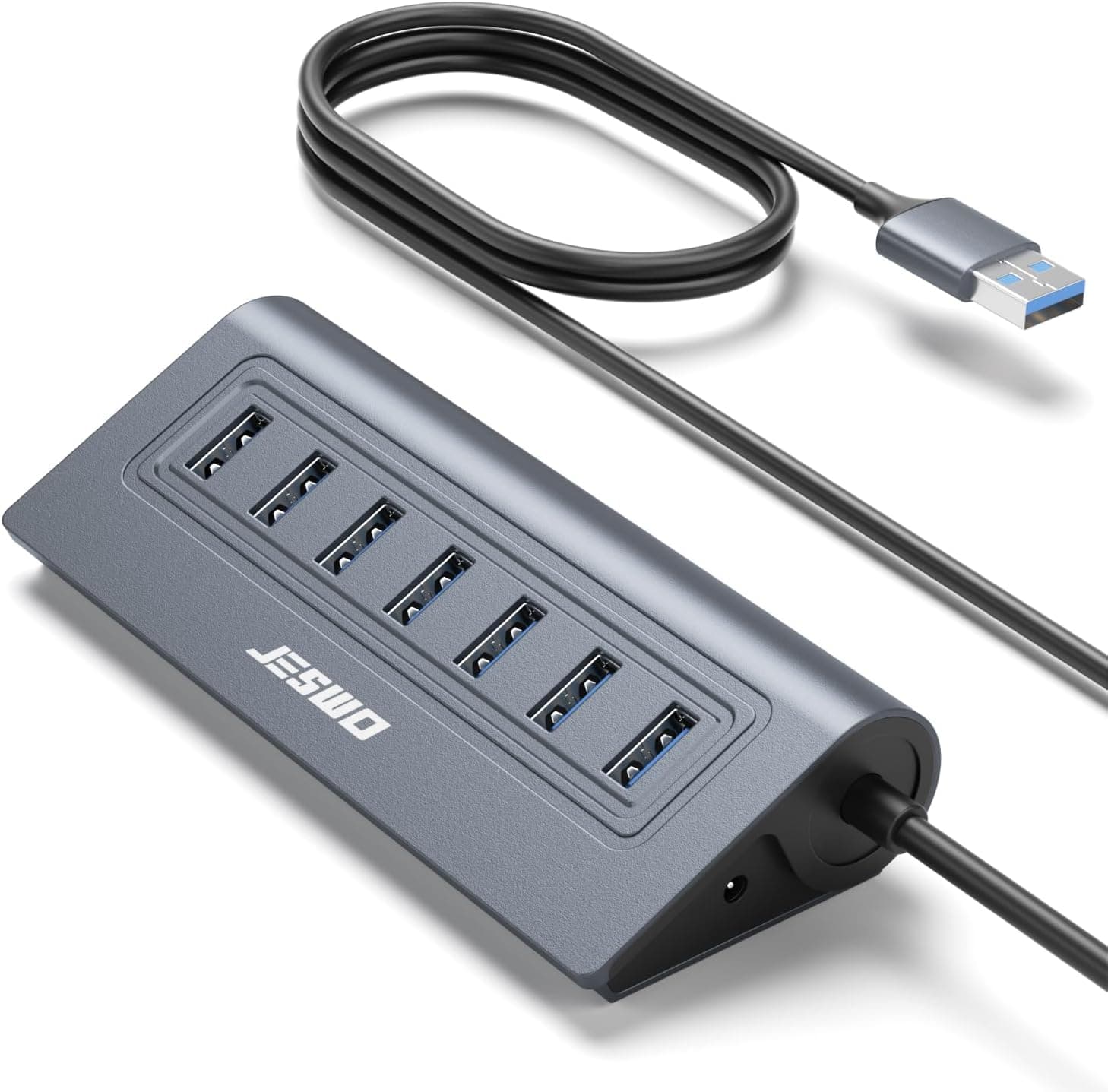 JESWO Hub USB 3.0 7 Ports en Aluminium - Multiprise USB 3.0 5Gbps avec Câble 100cm et 5V/4A DC, Adaptateur Multiport pour PC Bureau et Laptop, MacBook, Souris, Clavier, SSD,Disque U etc