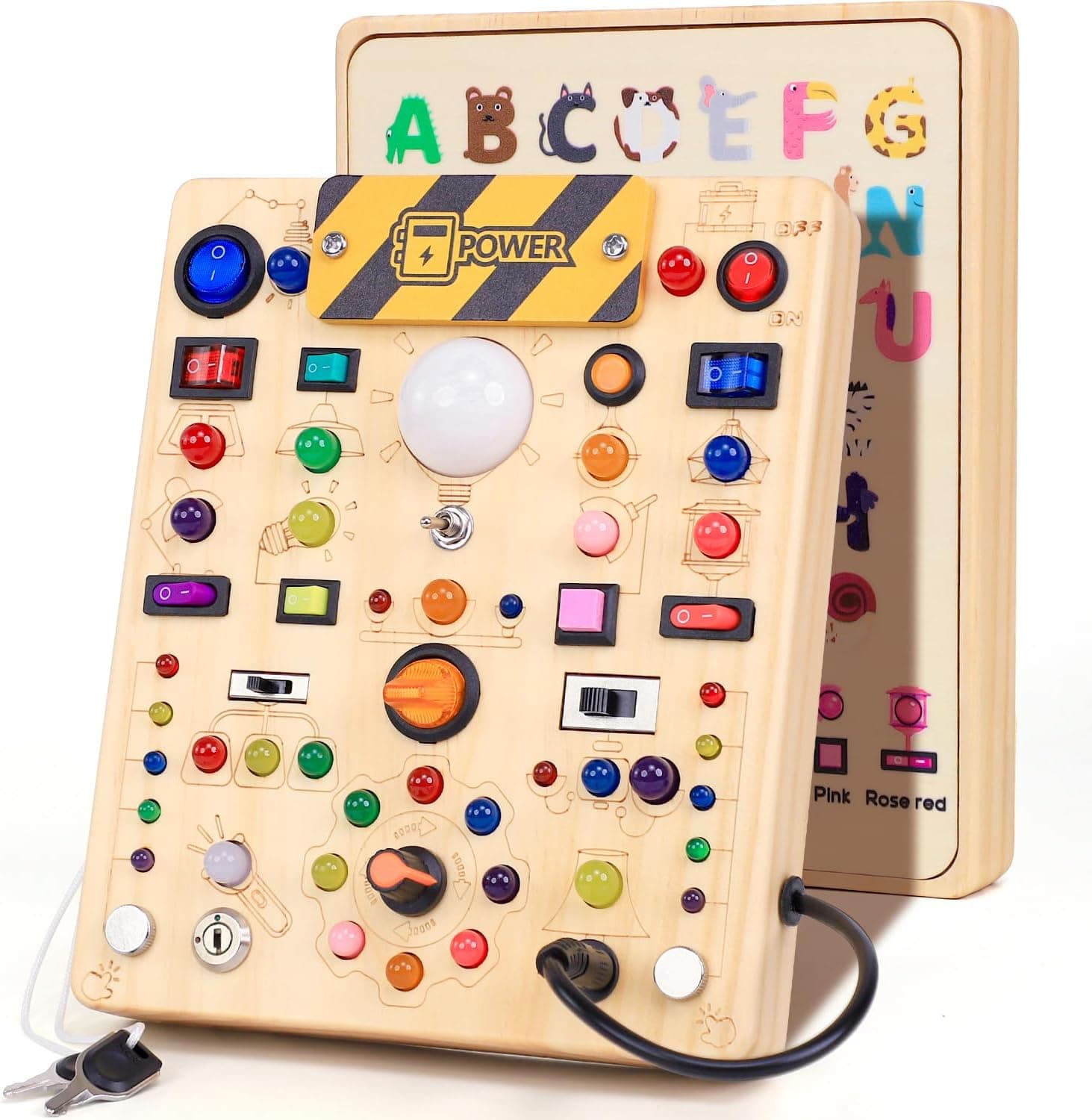 Montessori Spielzeug Busy Board ab 1 Jahr, Activity Board aus Holz, Motorikspielzeug mit 19 Schaltern 40 LED-Leuchten, Lernspielzeug für Kinder 1-3 Jahre Baby Spielzeug & Geschenk für Jungen & Mädchen