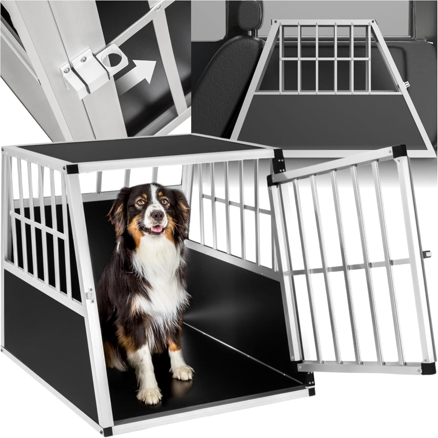 tectake® Hundebox Auto oder Hundebox für Zuhause. Aluminium Hundetransportbox mit schräger Rückwand, leicht und stabil, Auto Kofferraum Transportbox für Hunde 66x90x69,5cm