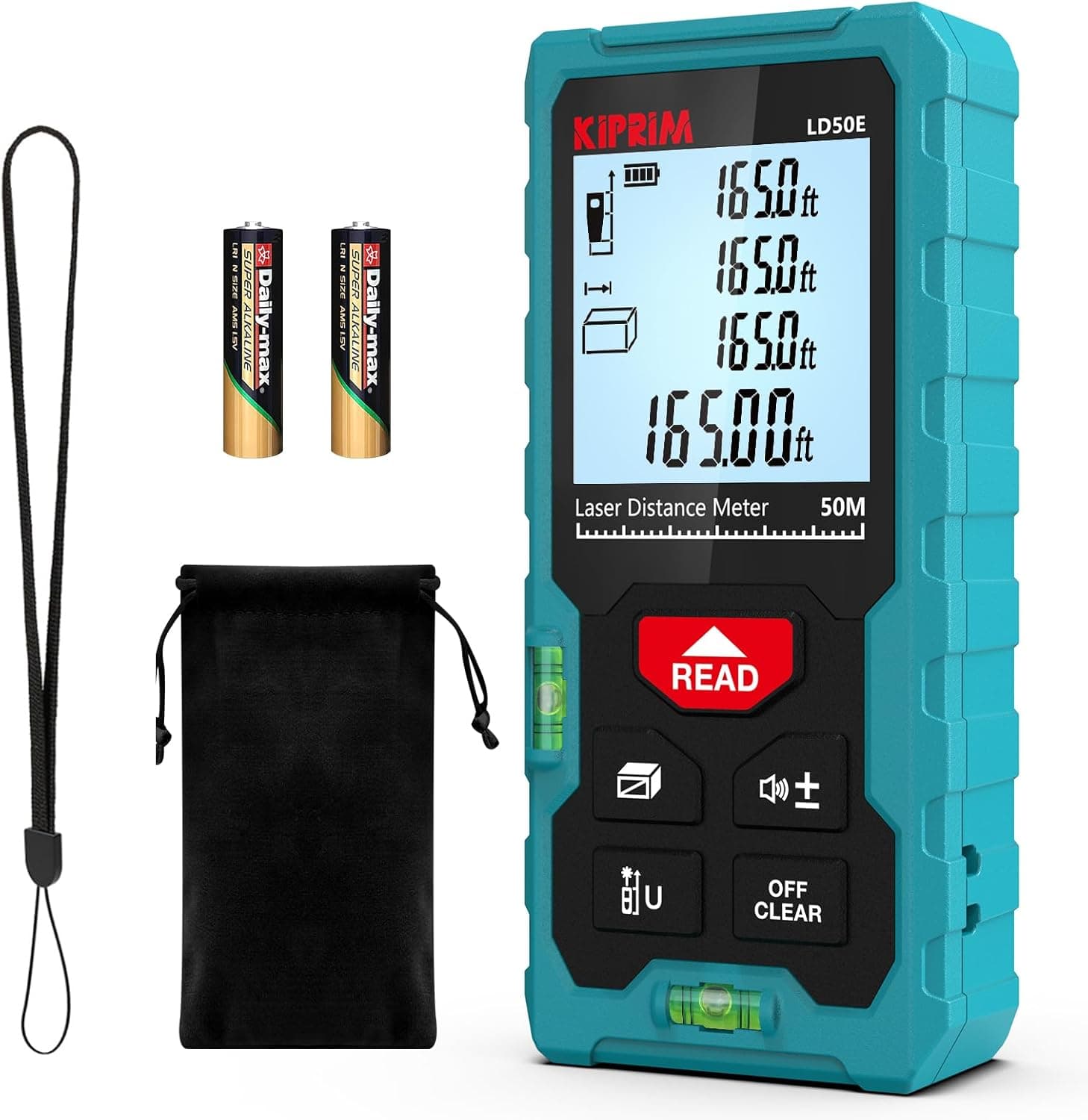 Laser Entfernungsmesser Hohe Genauigkeit, 50 m, Kiprim LD50E, Laser-Maßband, Compaktes Laser-Messgerät mit Größerem Hintergrundbeleuchtetem LCD-Display, ft/m/in-Umschaltung, Wasserwaage