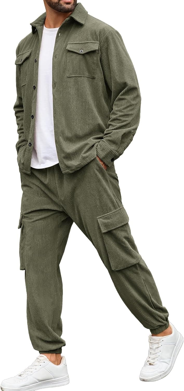 LecGee Men's 2 Piece Corduroy Outfits Long Sleeve Corduroy Shirt Jacket and Corduroy Cargo Pants Fall Winter Tracksuit Set