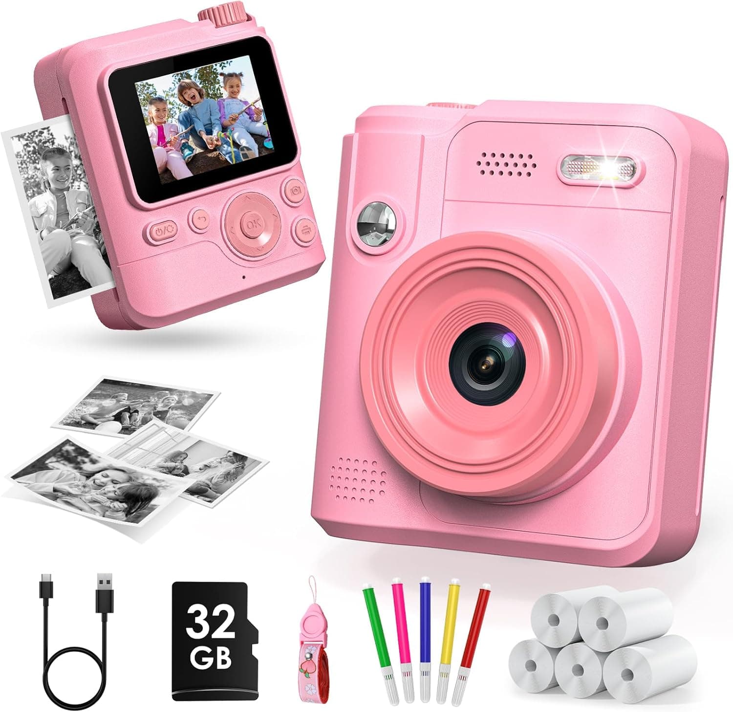 Gofunly Kids Camera Instant Print, 1080P Digital Camera for Kids with 32GB Card & 5 Print Paper Rolls, Selfie Toy Gift for Girls & Boys Ages 3-12, Pink