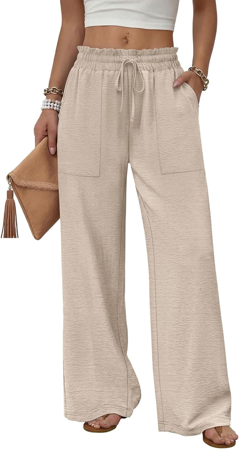 WIHOLL Women's Wide Leg Pants with Pockets Drawstring Loose Trousers Business Work Pants Summer Beach Vacation Clothes