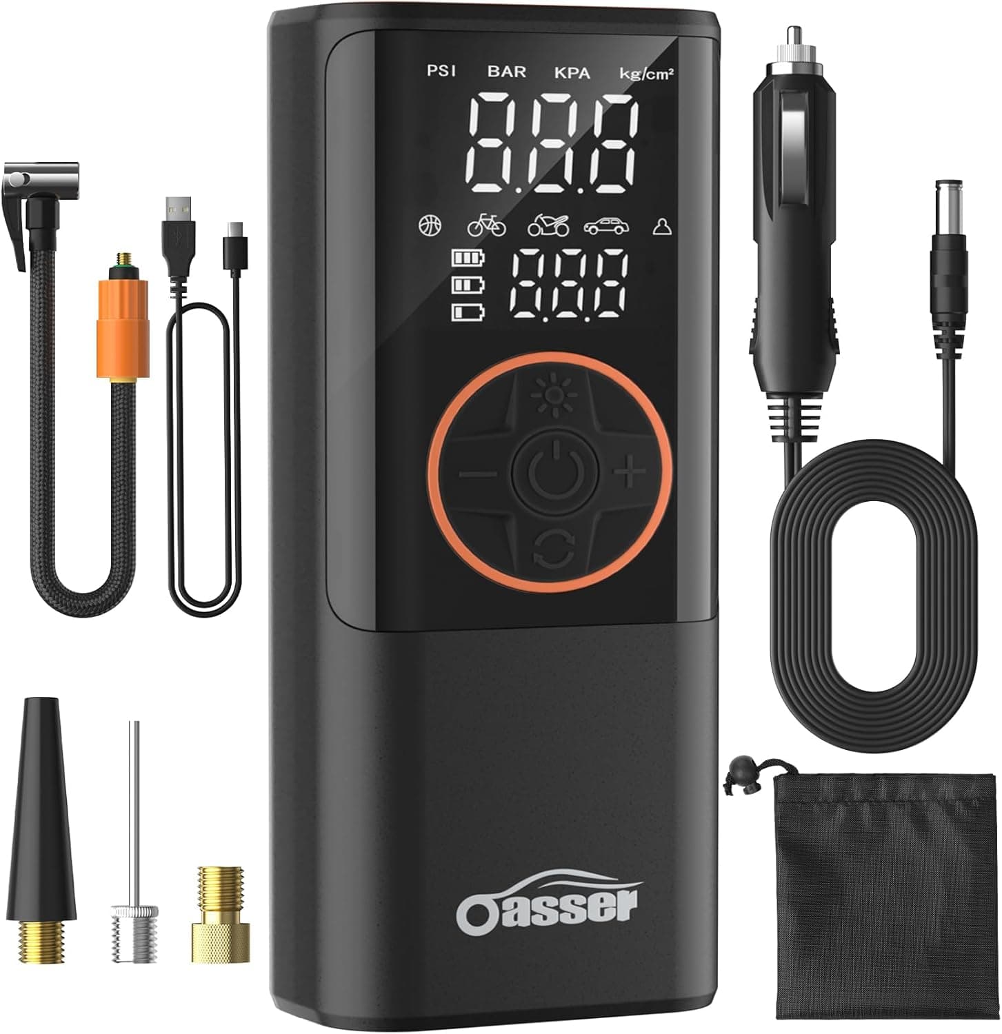 Oasser Compresor Aire Portatil 6000mAh 150PSI Inflador Ruedas Coche Pequeño Pantalla LCD Doble Visualización Cable Encendedor 3M Parada Automática Bolsa Almacenamiento para Coche Moto Bicicleta Bola