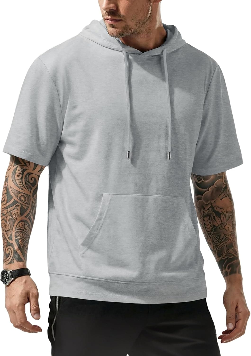 JMIERR Mens Short Sleeve Hoodie Cotton Hooded T-shirts Lightweight Solid Tops with Pocket