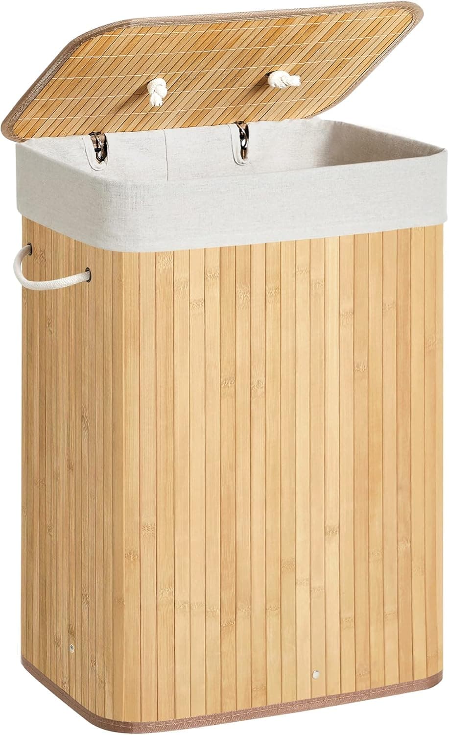 SONGMICS Cesto de la Ropa Sucia con Tapa, 72 L, Cesta de Lavandería de Bambú, Plegable, con Bolsa Lavable Extraíble, Asas, para Lavandería, Dormitorio, Natural LCB10Y
