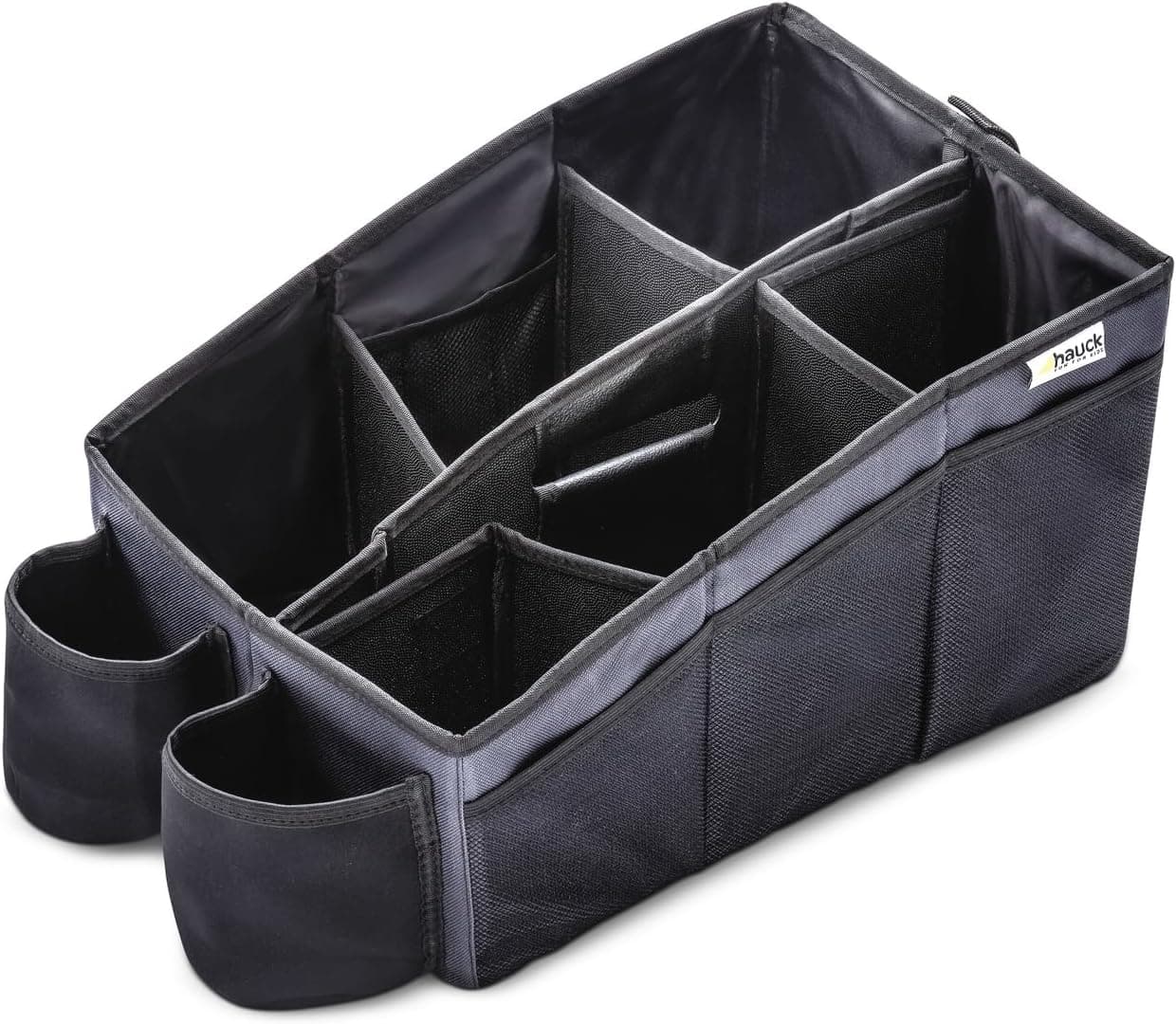 hauck Auto Organizer mit 2 Getränkehalter, 6 verstellbare Fächer & Tragegriff für Rücksitzbank Kinder Aufbewahrungsbox mit Tragegriff, Faltbar, Fixierbar, Grau