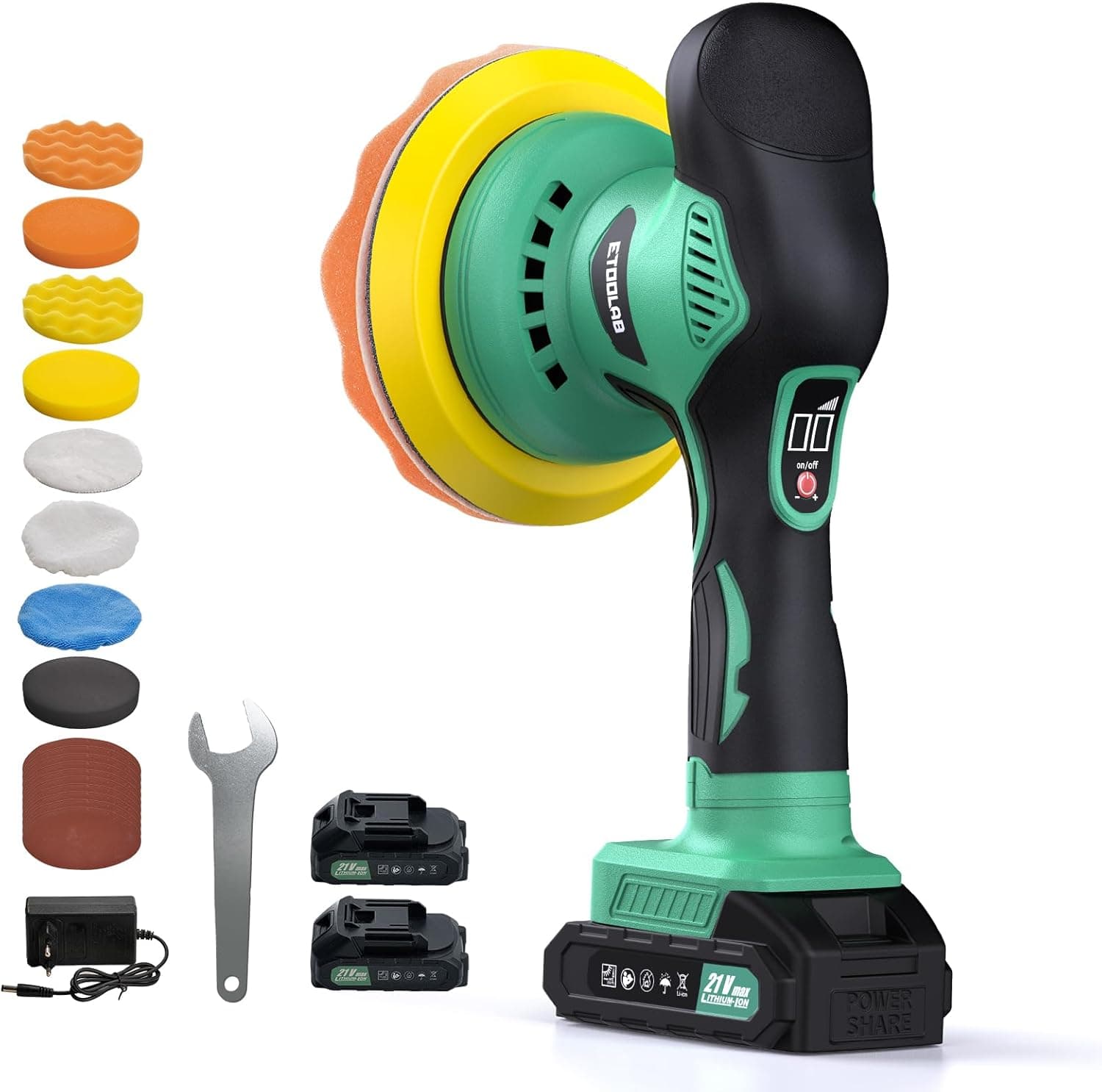 ETOOLAB Poliermaschine Auto Akku, Poliermaschine Auto Set 22 pcs, Exzenter poliermaschinen mit 2 * 2.0Ah 21V Batterie, 8 variable Geschwindigkeit, für die Autodetailing, Scheinwerfer Aufbereitung Set