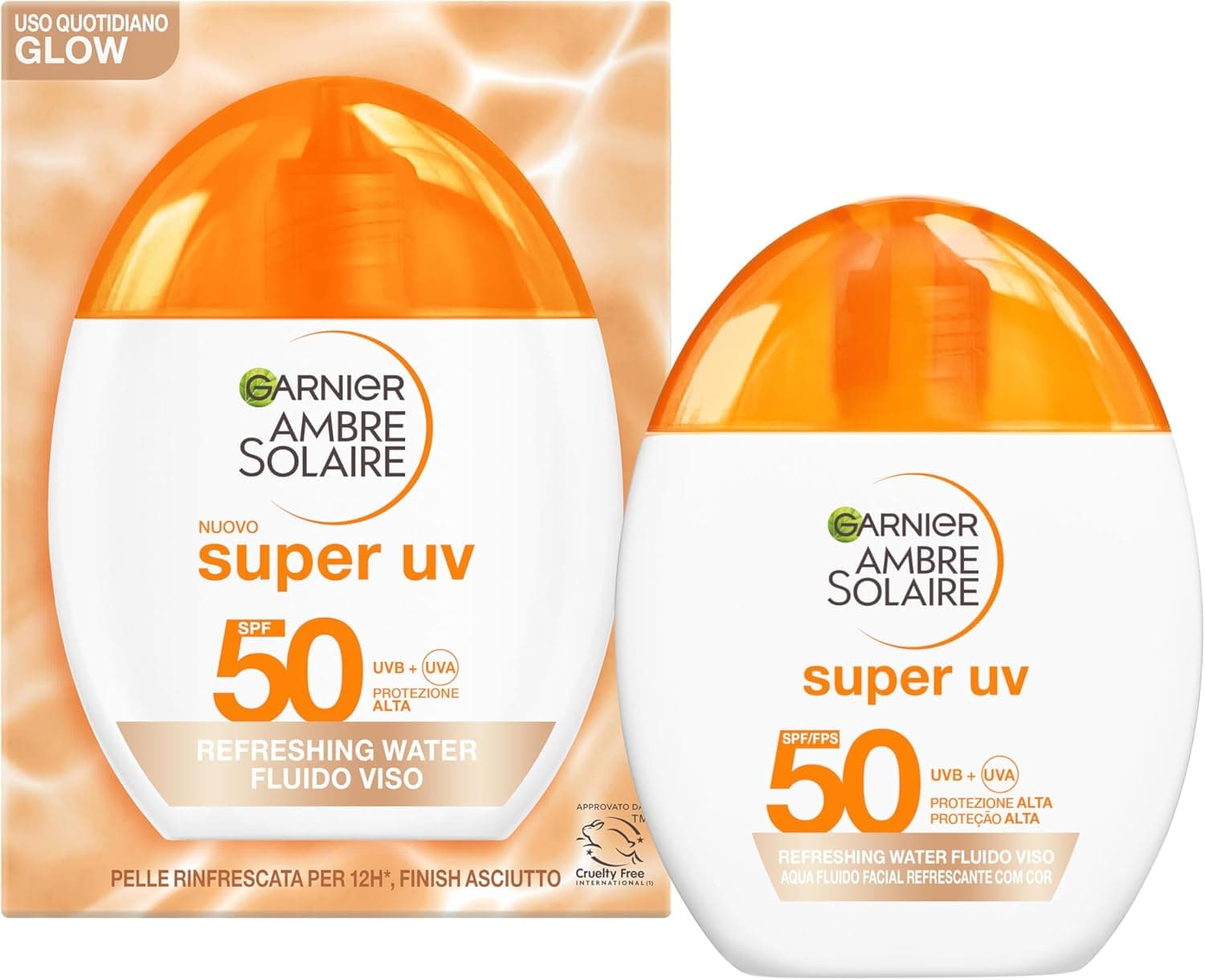 Garnier Fluido Viso Colorato, Per Tutti i Tipi di Pelle, Protezione SPF50 e Luminosità, Texture Fresca e Leggera, Formula Vegana, Super UV Refreshing Water, Ambre Solaire, 40 ml