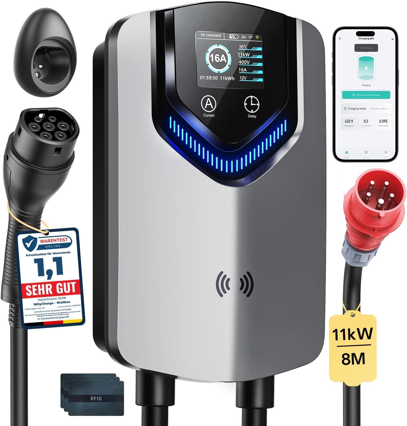 Wallbox 11kW mit APP & RFID – 3-Phasiges Typ 2 EV-Ladegerät 400V, 6–16 A, 8M Kabel mit Kabelhalter – RCD Typ B & IP54,Einstellung Startzeiteffiziente Ladestation für Zuhause für BEV PHEV