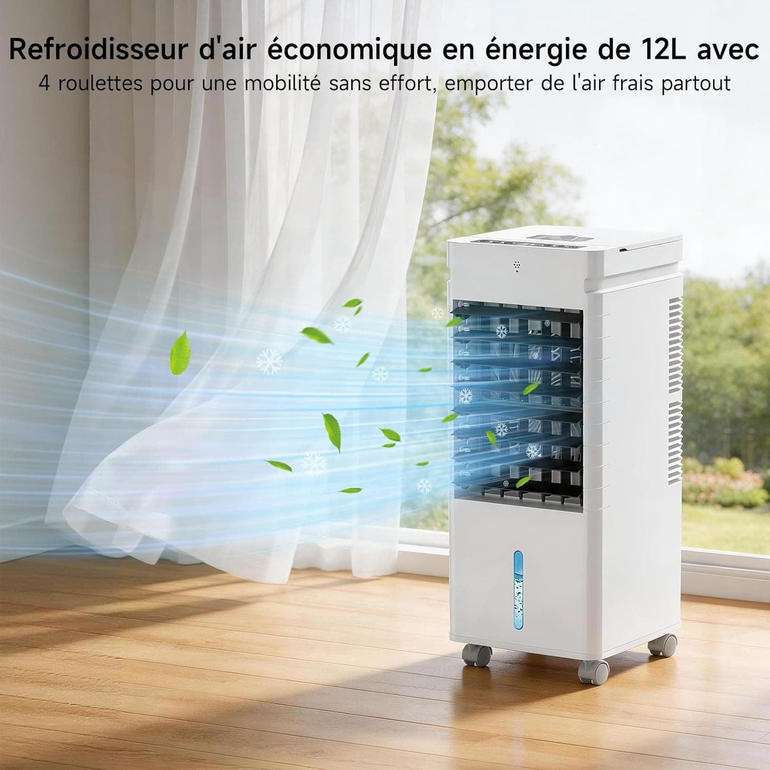 Climatiseur Mobile 20W, Rafraichisseur d'air avec Réservoir de 12L, 8 Cristaux de Glace, 3 Modes, 12 Vitesses, Oscillation, Minuterie, Télécommand,Ventilateur Rafraîchissant pour Maison, Bureau