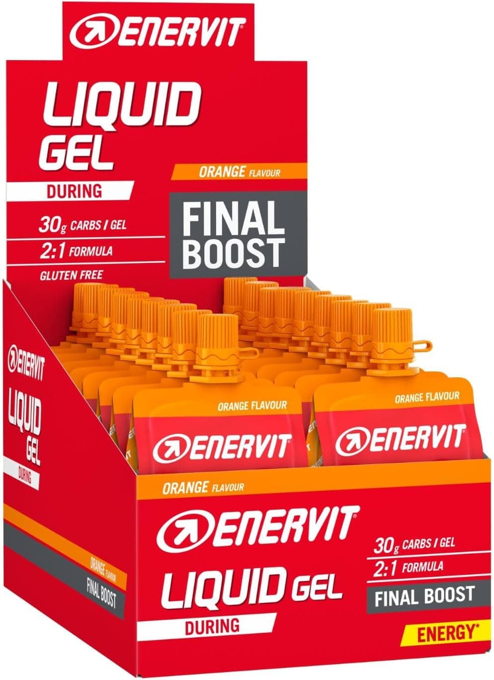 Enervit, Liquid Gel Arancia, Gel Energetico con Maltodestrine, Per Sport ad Alta Intensità, 30g di Carboidrati, Tappo Richiudibile, Gusto Arancia, VeganOK, Senza Grassi, Senza Glutine, 18 Pack da 60ml