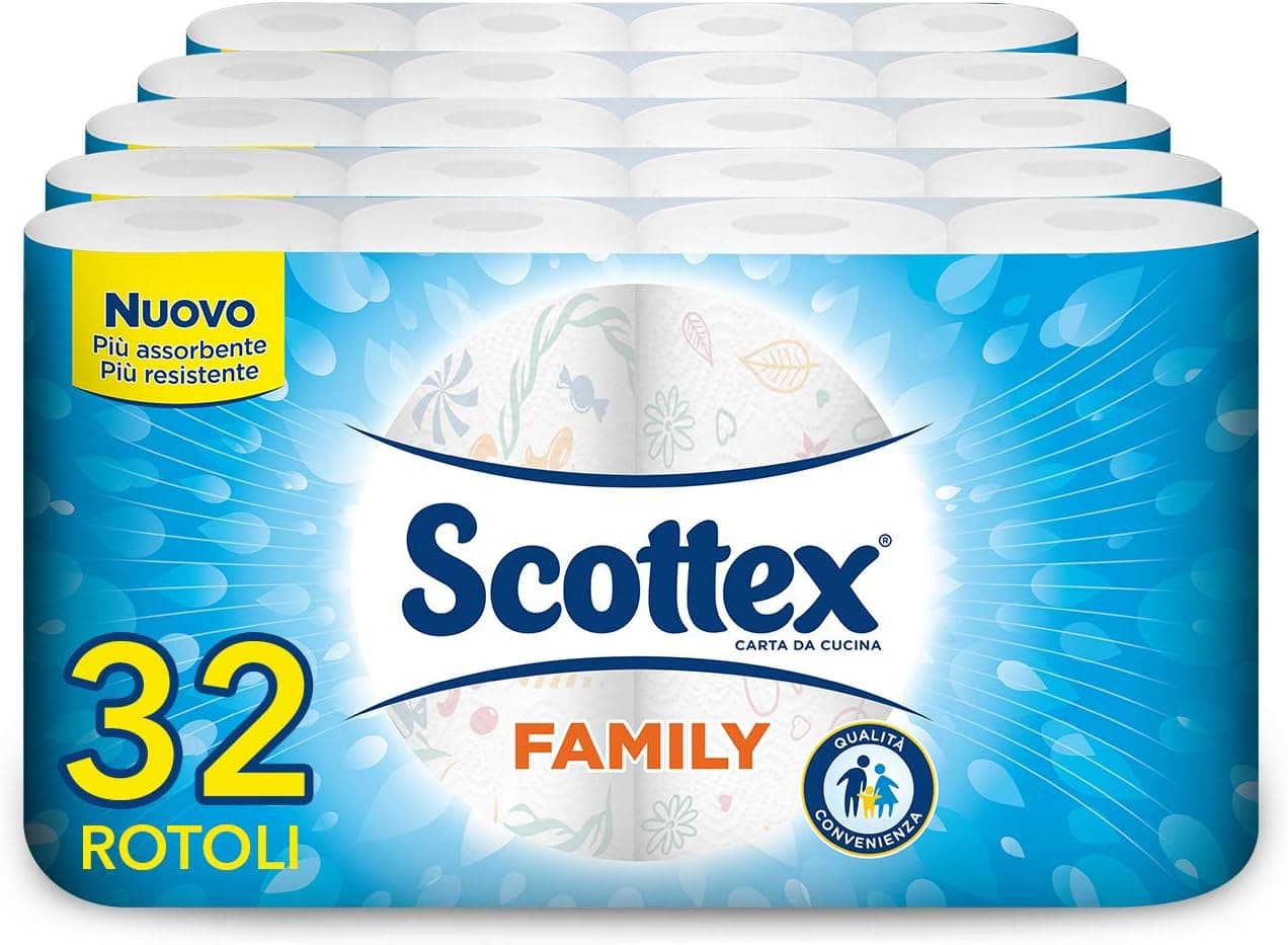 Scottex Casa Family, Carta Da Cucina, Morbida e Resistente, Ultra assorbente, Con Carta certificata FSC, 32 Rotoli