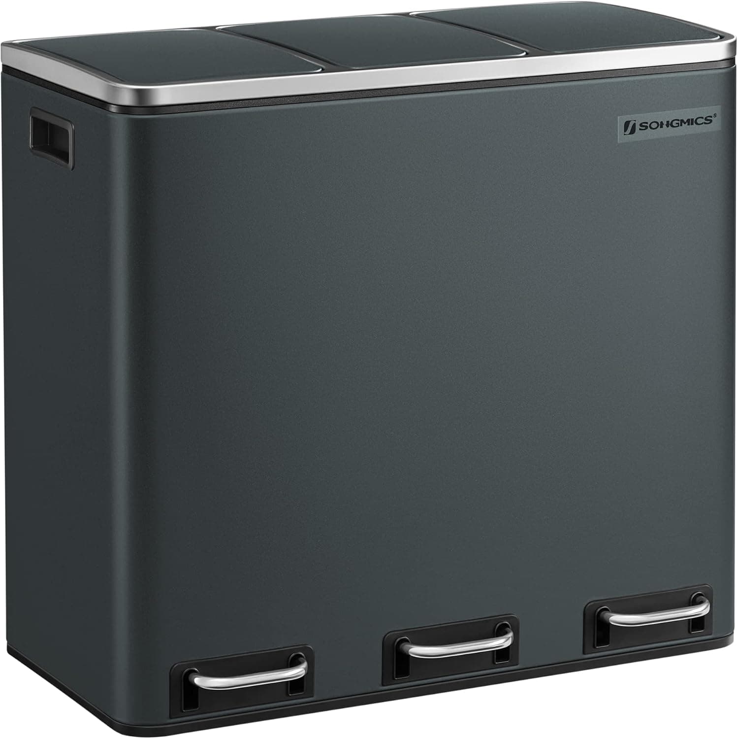 SONGMICS Mülleimer Küche, 3 x 18 L, Mülltrennsystem 3 Fächer, inklusive 15 Müllbeutel, Abfalleimer, Treteimer, für recycelbare Abfälle, Biomüll, mit Deckel, grüngrau LTB54GS