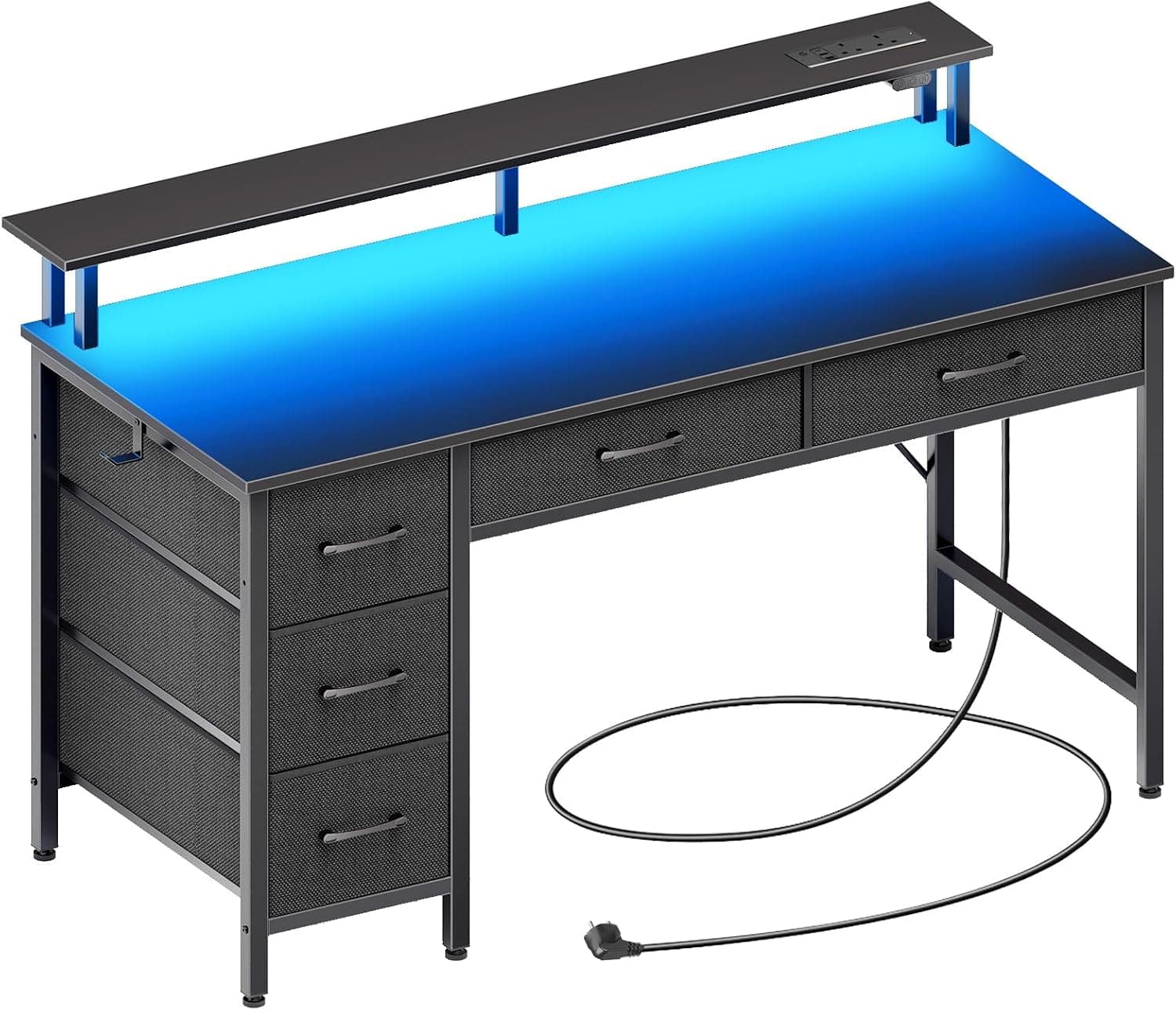 Seventable 120cm Computer Desk with LED Lights, USB Ports & Power Outlets, Monitor Stand and 5 Storage Drawers – Home Office Desk, Study Desk for Bedroom or Small Spaces, Black