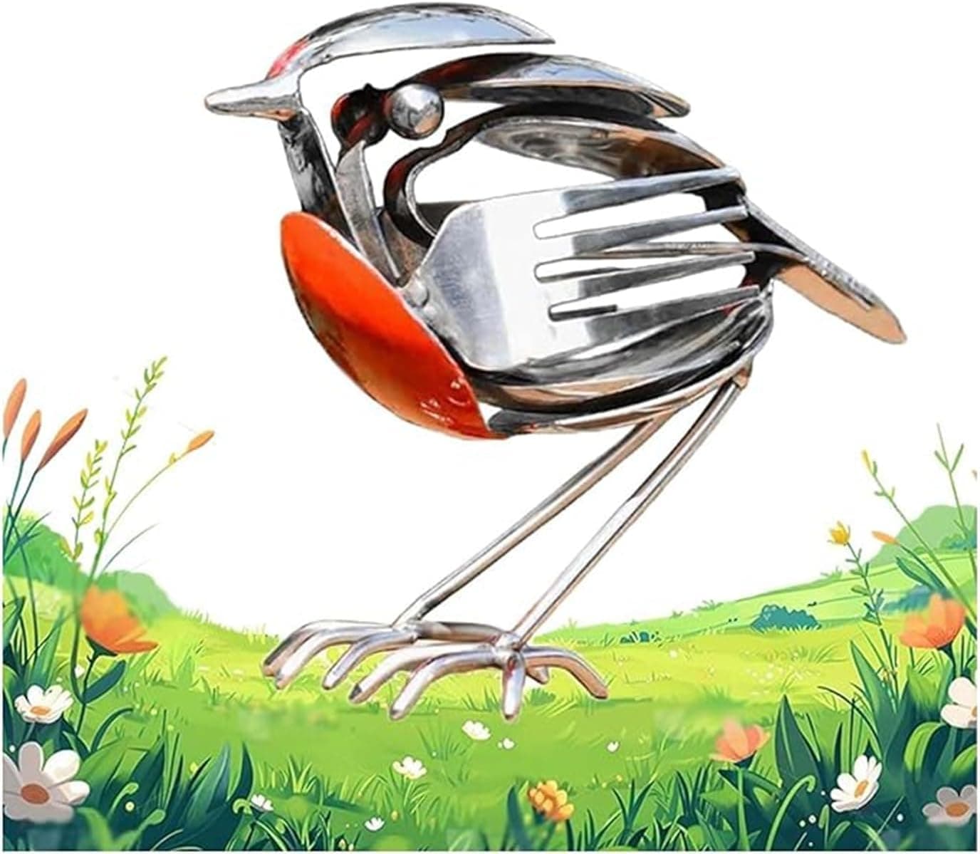 Metal Art Sculpture - Handcrafted Bird Statue, Recycled Fork & Spoon Bird Statue, Rustic Bird Figurine, Unique Home Decor for Garden, Patio, or Office Desk, Decorative Steel Craft (1 Pcs)