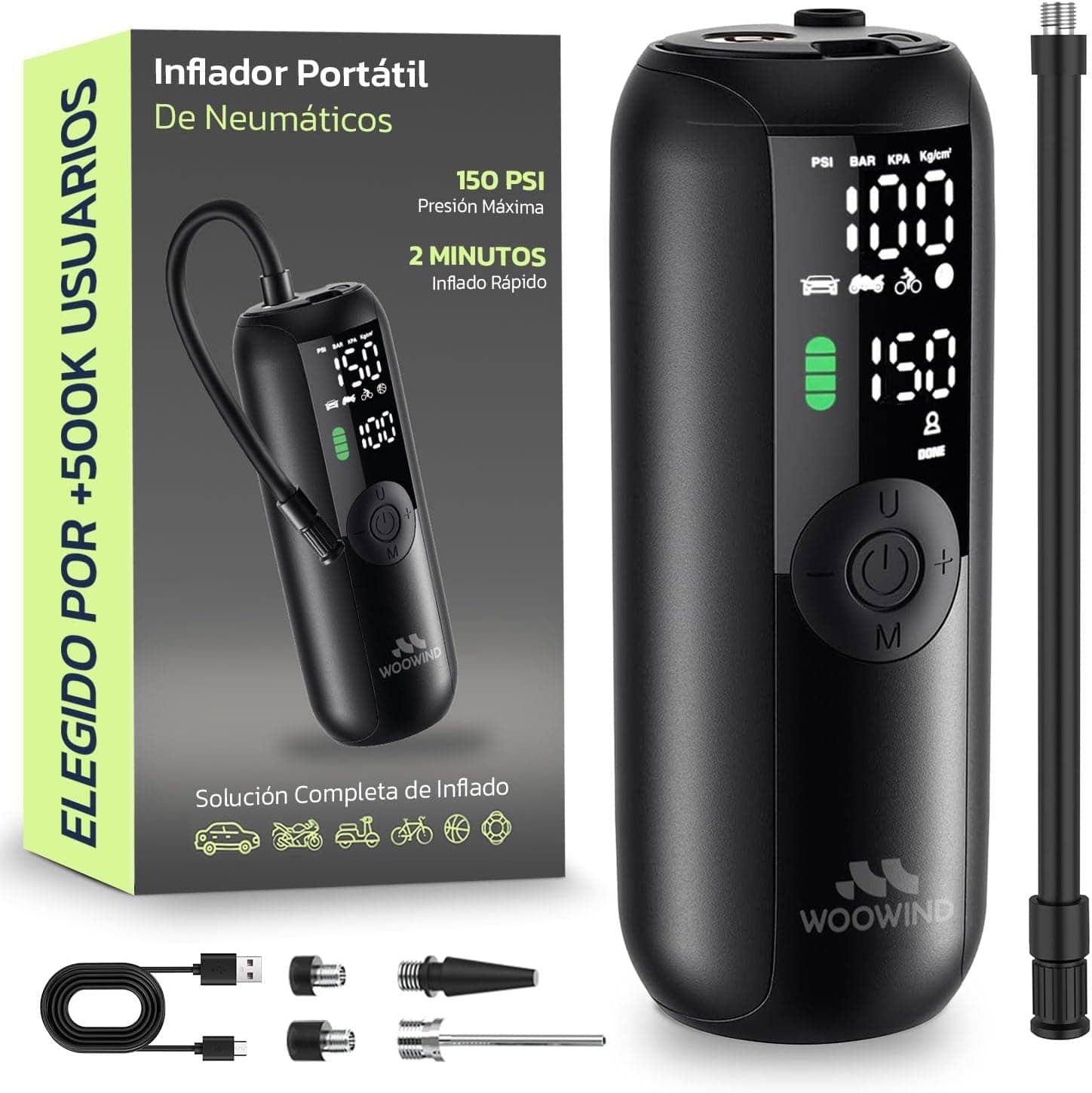 Woowind Compresor Aire Portatil 150PSI/10,3Bar, Bomba Bicicleta, Inflador Ruedas Coche, Inflado en 1 Minuto, Hinchador Ruedas Coche, Bici, Moto y Balones, Apagado Automático, Pantalla LCD Linterna LED