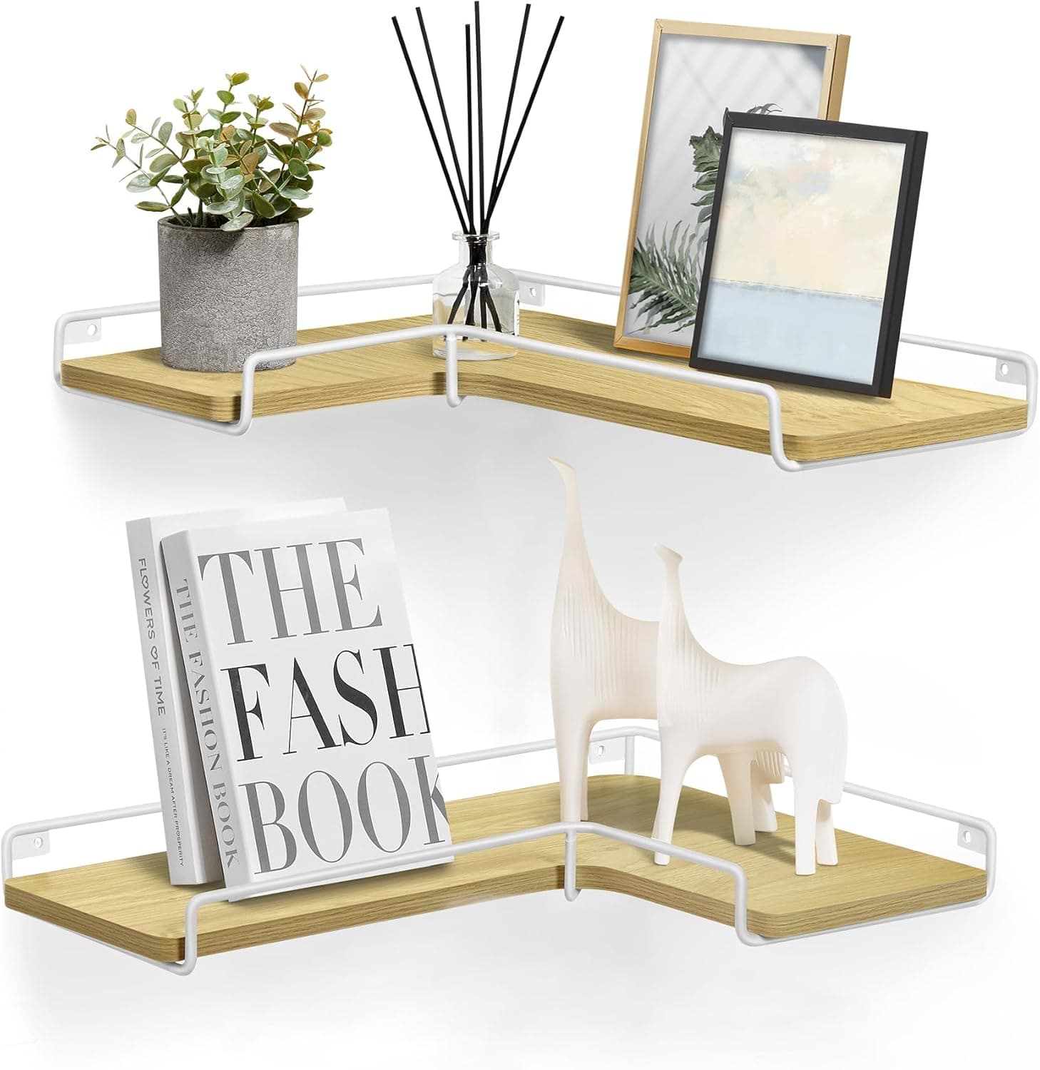 VASAGLE Floating Shelves, Set of 2, L-Shaped Corner Shelves for Wall, Corner Wall Shelf, Industrial Style, for Living Room, Bedroom, Kitchen, Natural Oak and Cloud White LLS831Y70