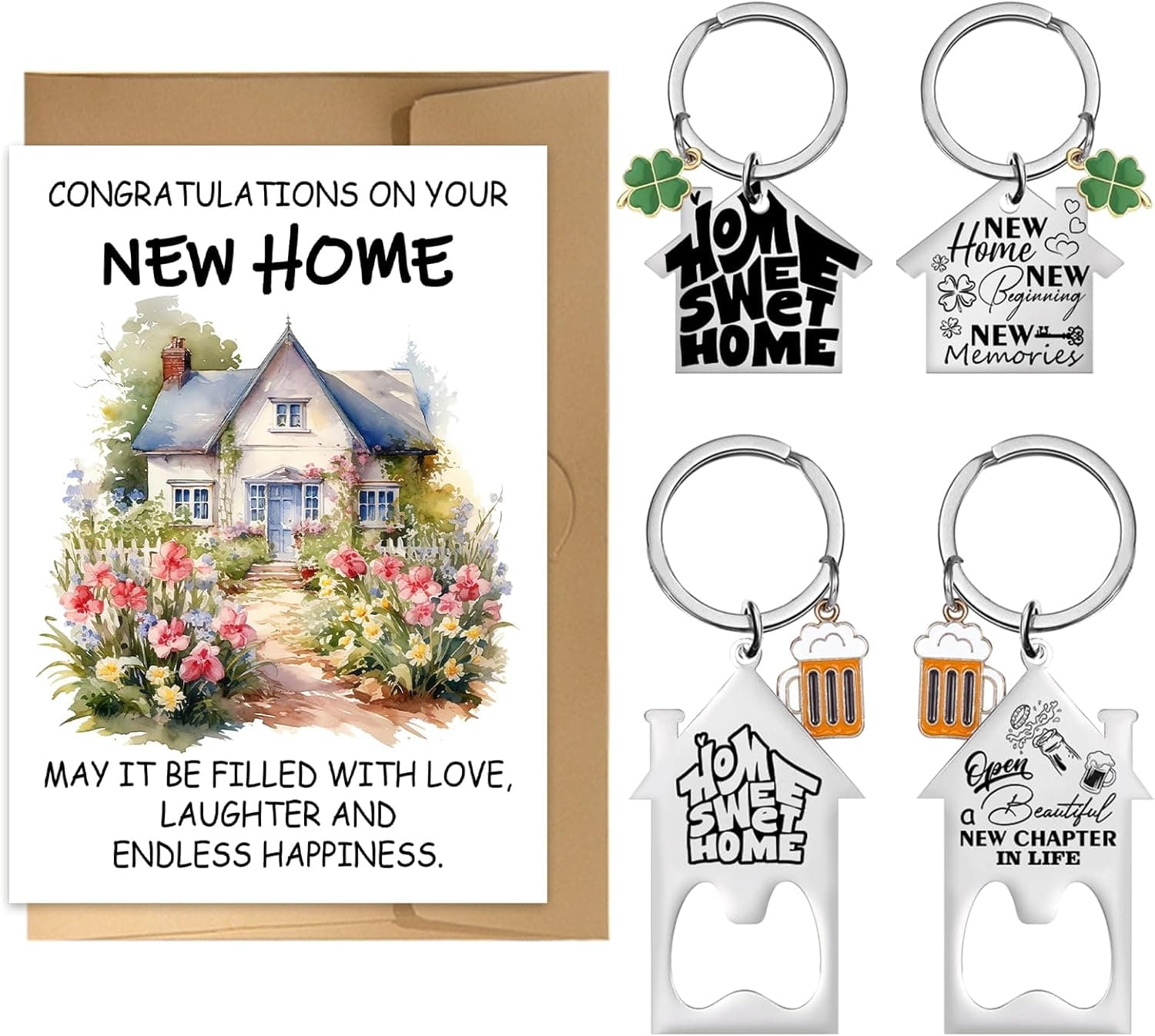 Housewarming Gifts New Home Keyring, Congratulations On Your New Home Card - Houses and Flowers - House Keyring with Envelope, House Warming Gifts for Friends Family Neighbours