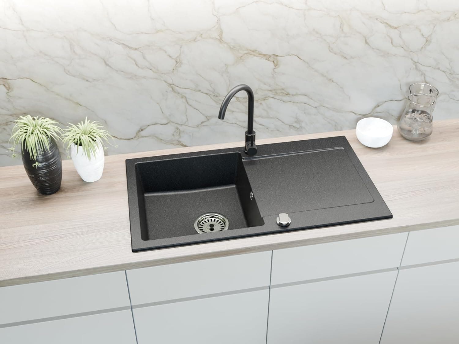 Faizee Home | Granitspüle 90x50 cm – Reversibles Spülbecken mit Abtropffläche inkl. Siphon & Drehexzenter | Kratzfest, hitzebeständig & für 45 cm Unterschränke (Genial, Schwarz Gesprenkelt)