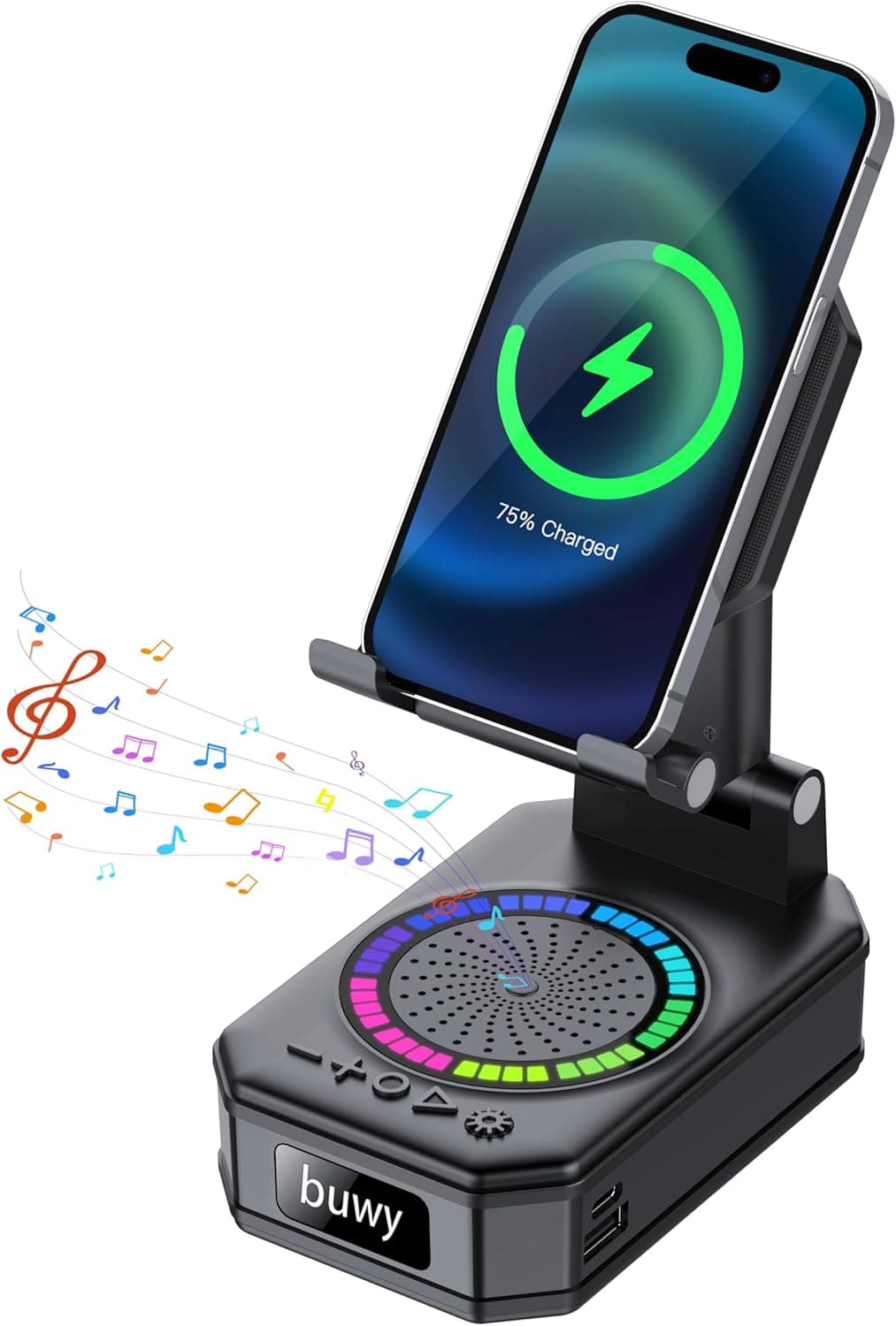 Altavoz Portátil Bluetooth con Soporte para Móvil, Versión con carga inalámbrica, Base Antideslizante, Sonido Envolvente HD, Recargable, Regalo Original para Hombre Mujer, Compatible con iOS y Android