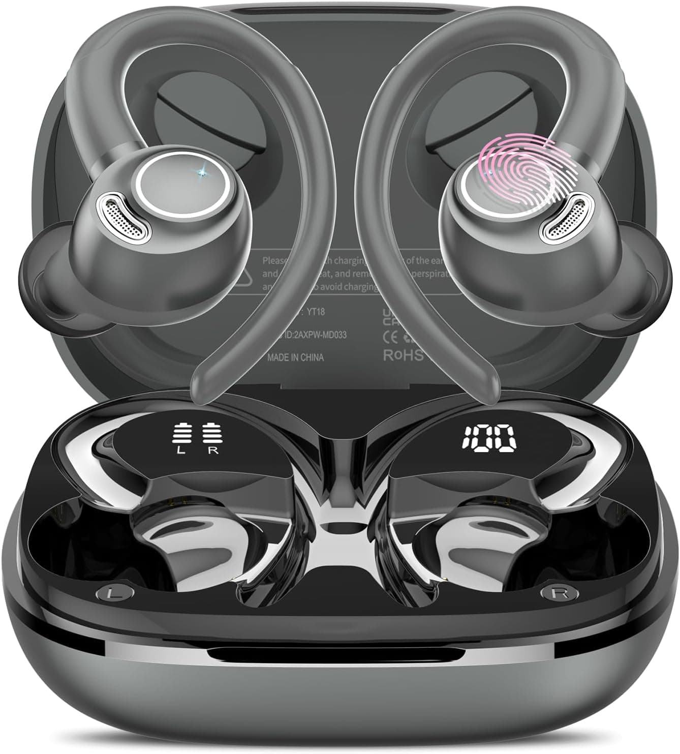 Cuffie Bluetooth Sport, Auricolari 5.4 con Mic Stereo, Cuffie Wireless con Ricarica Rapida USB-C, Cuffiette Doppio Display LED, IP7 Impermeabili Auricolare,48H,Cuffie Senza Fili Corsa Running,Grigio
