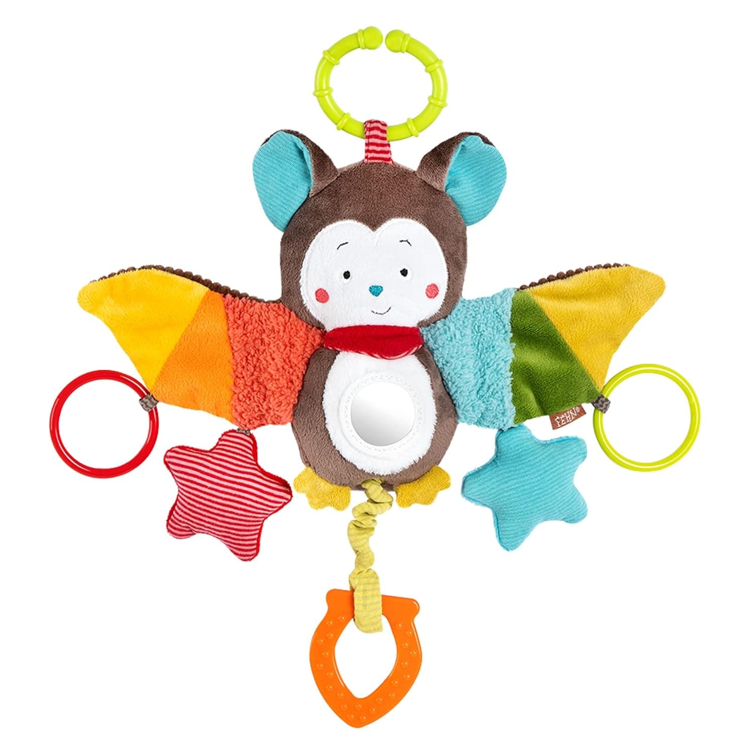 Fehn Activity-Spieltier Fledermaus – Baby Motorikspielzeug für Kinderwagen, Kinderbett und Babyschale zum Beißen, Greifen und Geräusche erzeugen - Beißring Spielzeug für Babys und Kinder ab 0+ Monaten