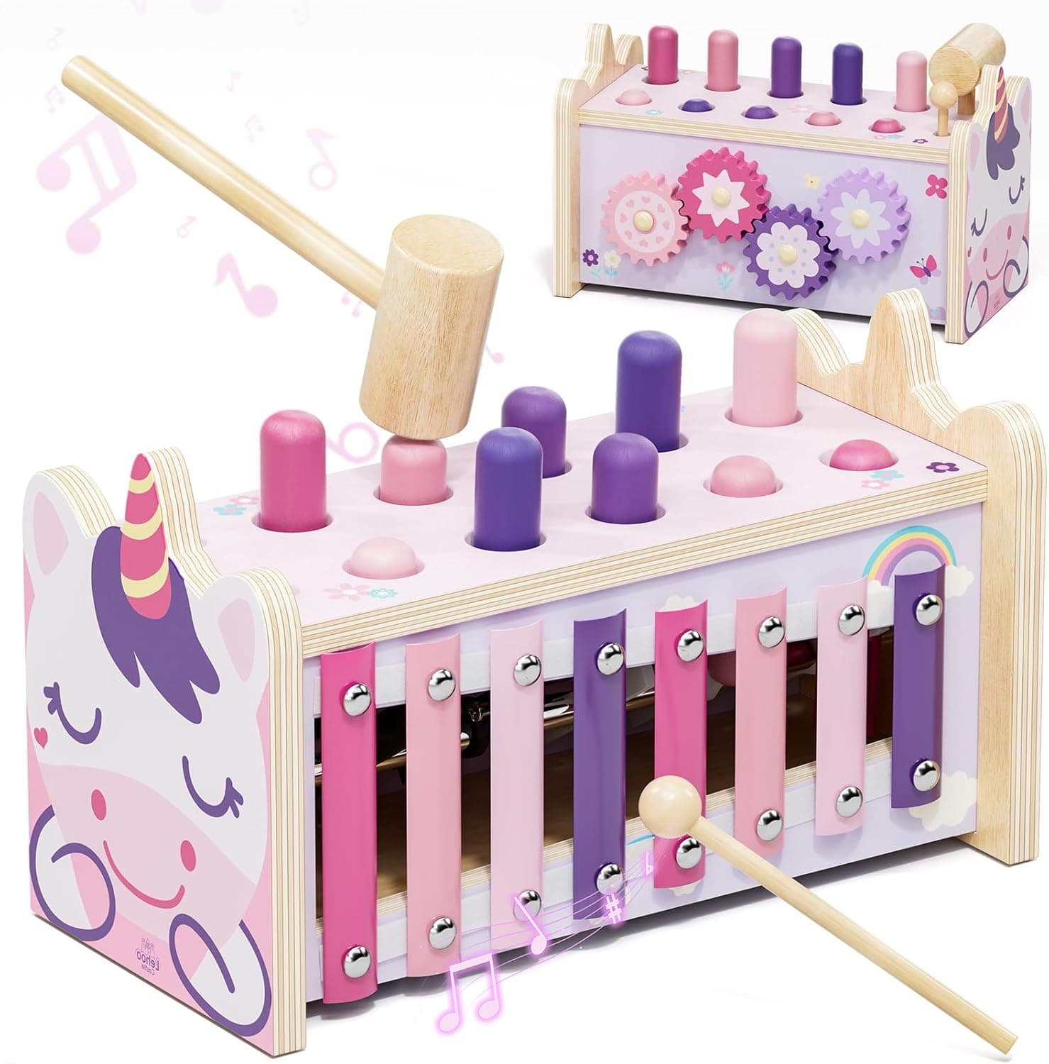 Lehoo Castle Montessori Spielzeug ab 1 Jahr, Hammerspiel mit Xylophon & Zahnrädern, Holz Motorikspielzeug mit Integrierter Aufbewahrung, Sicheres Lernspielzeug Geschenk für Mädchen 1 2 3 Jahre