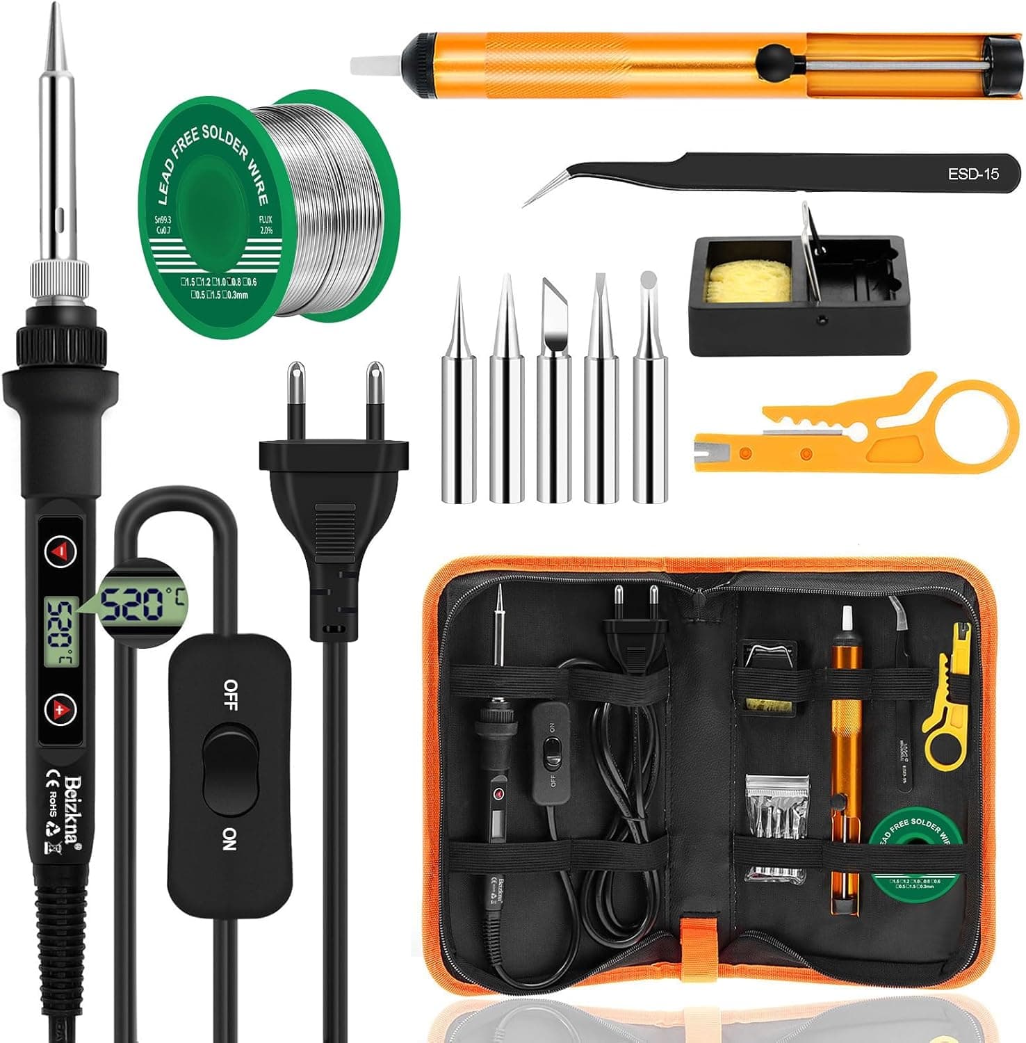 Lötkolben Set 80W LCD Einstellbar Temperatur 180-520°C Lötkolben mit Ein/Aus Schalter, 50g Lötdraht, 5 Lötspitzen, Entlötpumpe, Lötkolbenständer, Pinzette, Lötset für Elektrische Arbeiten