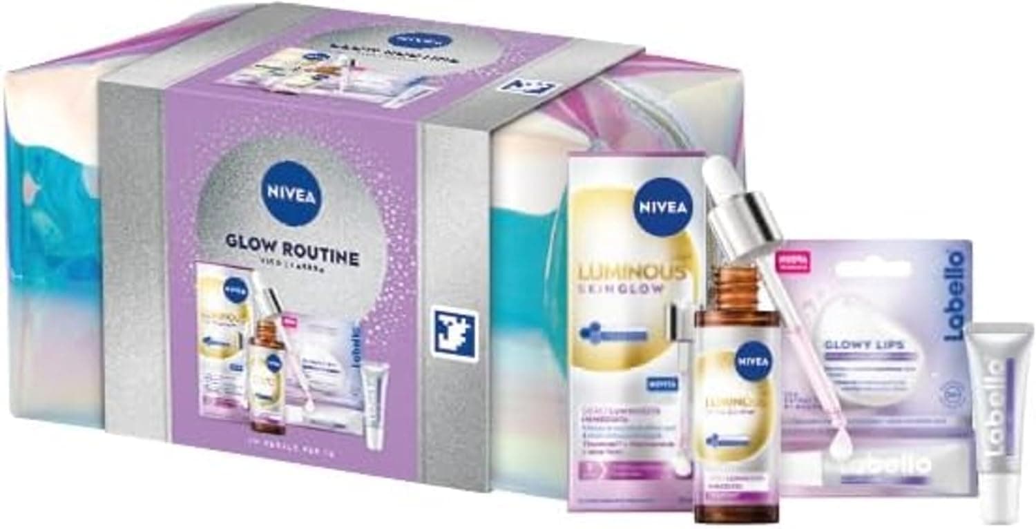 NIVEA Glow Routine Cofanetto regalo donna, Set regalo donna con Luminous630 Skin Glow Siero Viso Luminosità Immediata 30 ml, Labello Burrocacao Labbra Glowy Lips 10 ml e travel bag omaggio inclusa