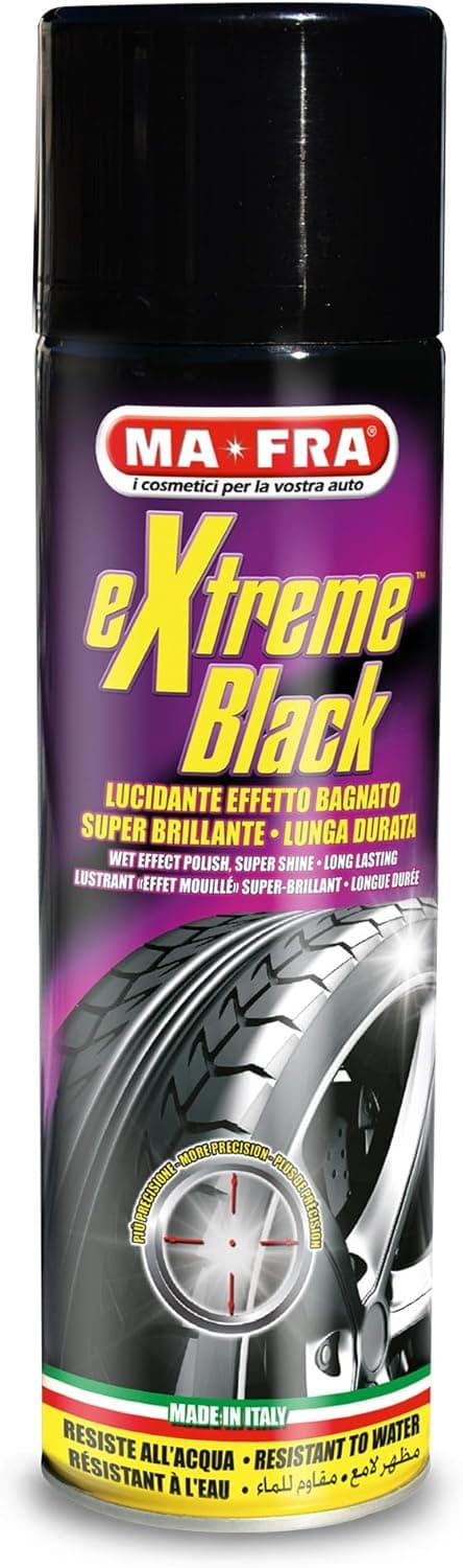 Ma-Fra, Extreme Black, Nero Gomme Spray Ultra Brillante con Effetto Bagnato a Lunga Durata, Previene Screpolature, Resistente a Pioggia e Lavaggi Frequenti, Dona Effetto Supersportivo, Formato 500ml