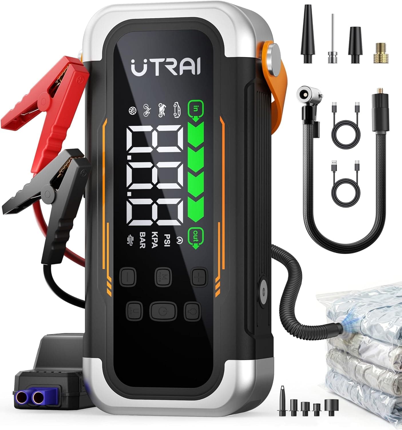 7000A Arrancador de Baterías de Coche con Compresor de Aire y Soplador,UTRAI 12V Arrancador de Coche Portatil con 30W PD,Luz de Emergencia,Pantalla LCD,800-Lumen LED (Todo Gas/12,0L Diésel)
