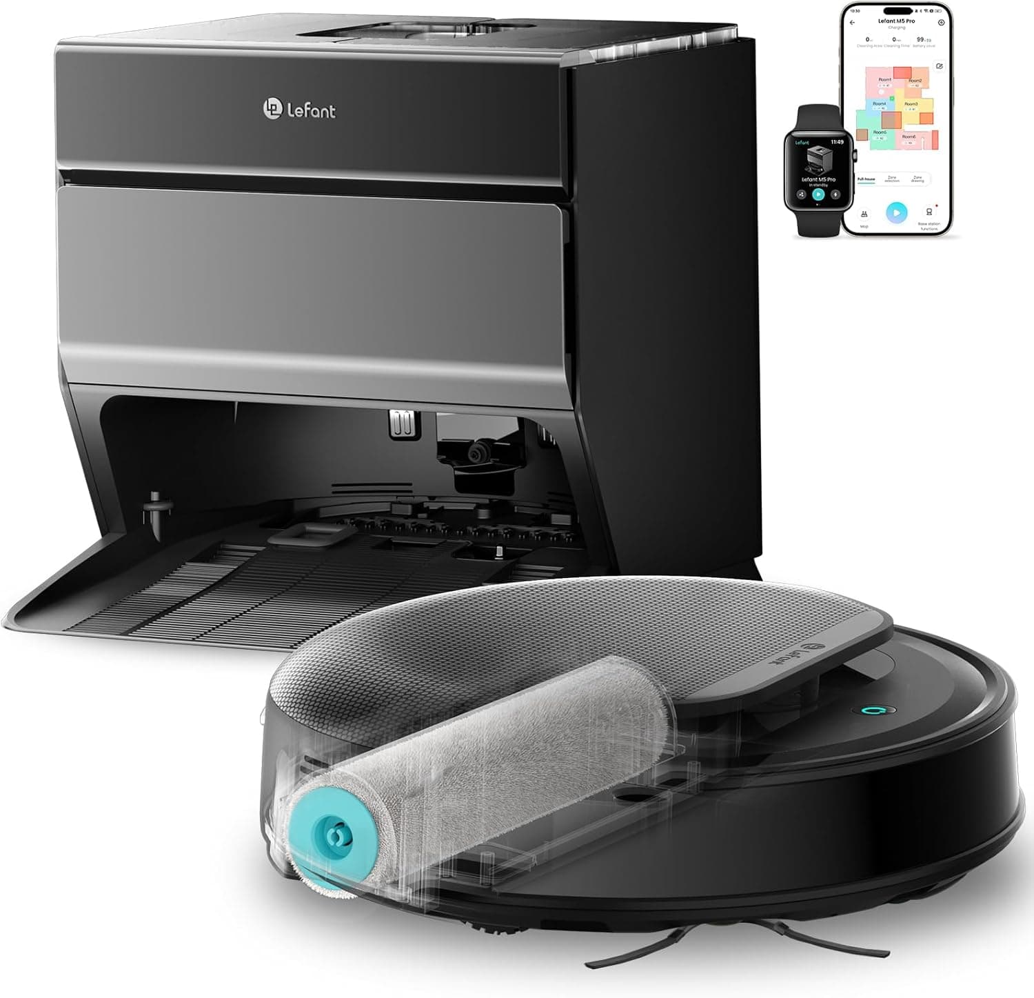 Lefant M5 Pro Roller Staubsauger Roboter,Anheben des Wischmopps,Vermeiden von Hindernissen,18000 Pa,2.4G/5GHz Wi-Fi, Absturzsicherung,No-Go-Zone, Aufsaugen von Tierhaaren, Grau