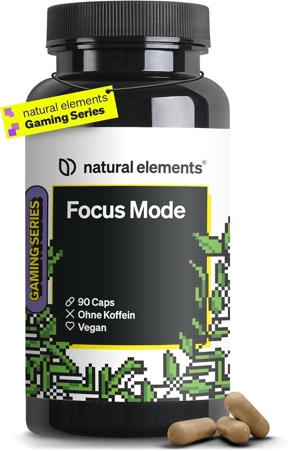 natural elements Focus Mode Konzentrations Kapseln – 90 Stück – koffeinfrei, mit Brahmi, Ginseng & Gingko – vegan, ohne unnötige Zusätze – in Deutschland produziert & laborgeprüft
