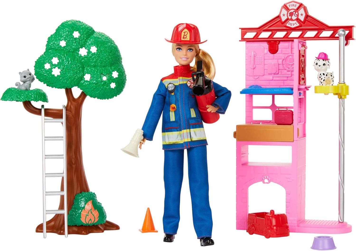 Barbie Tú Puedes Ser Muñeca bombera con estación de bomberos, mascotas y accesorios para la lucha contra incendios, juguete +3 años (HRG55)