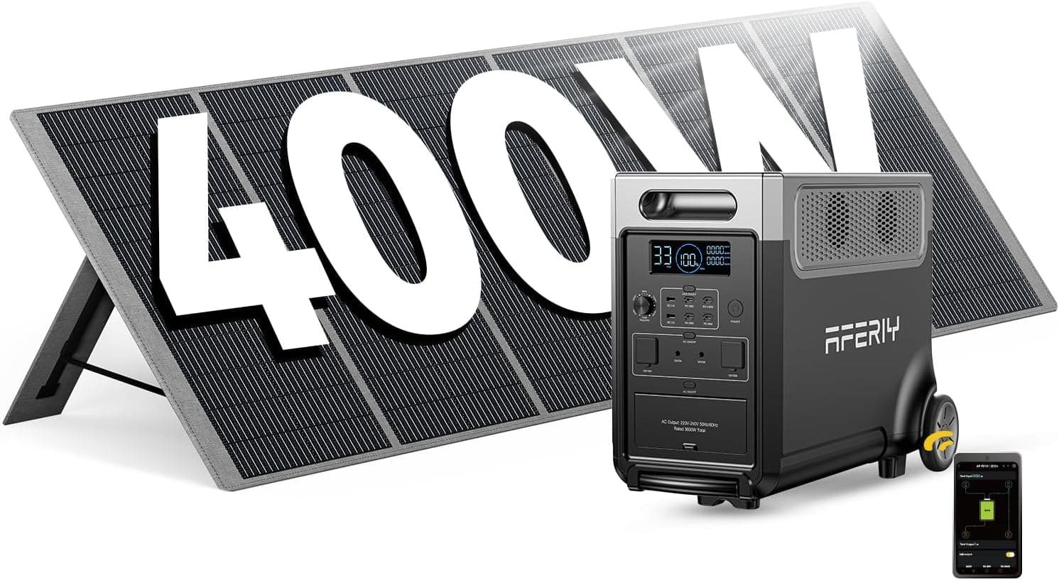 AFERIY Générateur Solaire 3600W avec Panneau Solaire Portable 400W, Batterie LiFePO4 Portable 3840Wh, 220V-240V, Panneau Solaire Pliable 400W avec USB, IP65, pour Camping, Voyage, Pannes de Courant