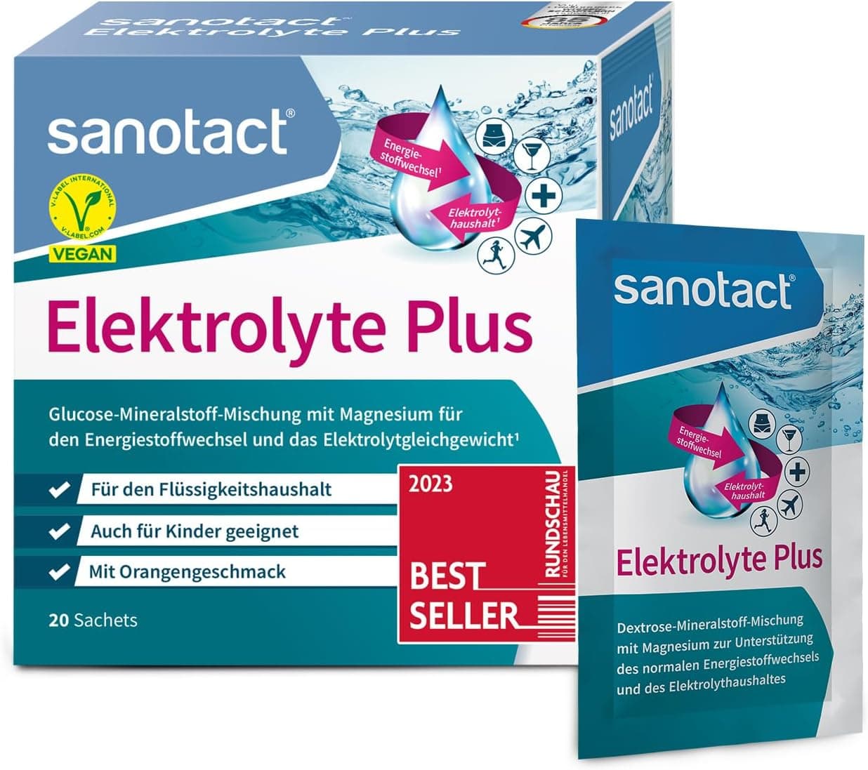 sanotact Elektrolyte Plus (20 Beutel) • Elektrolyt Pulver für Flüssigkeitshaushalt • Kalium & Magnesium für Elektrolytgleichgewicht • 100% Vegan • Recovery Drink • Mit Orangengeschmack