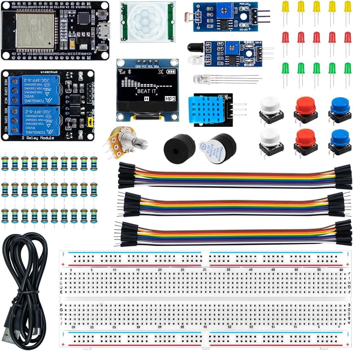 Basic Starter Kit for ESP32 ESP-32S WiFi I OT Development Board with Arduino IDE, ESP32 Kit Bread Board Electronic Kit, Breadboard Kit for Beginners, Electronics Component Fun Kit