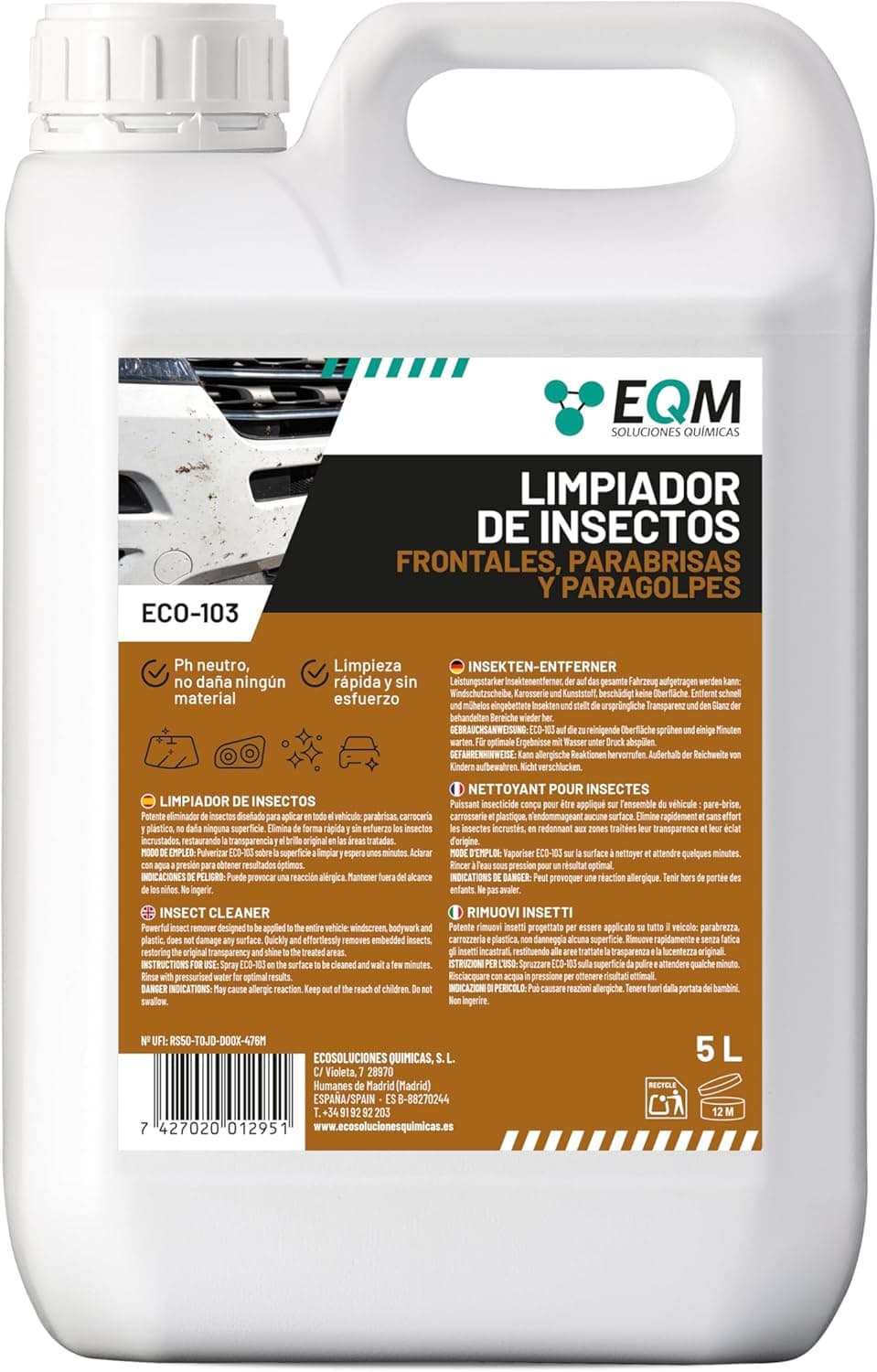 EQM - ECO-103 - Limpiador de Insectos - 5L - Parabrisas, Parachoques, Faros y Carrocería - Los disuelve muy fácilmente - Aplicación antes de cada lavado