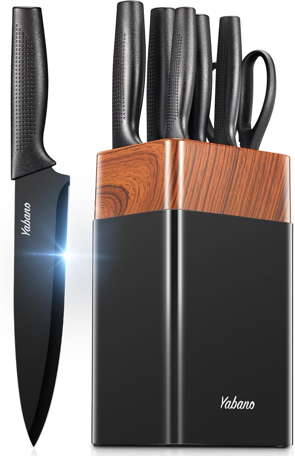 Knife Set, Yabano 7 Pieces Kitchen Knife Set with Universal Plastic Knife Block, Knife Block Set with Built-in Sharpener, Black Kitchen Knives for Chopping, Slicing, Dicing & Cutting