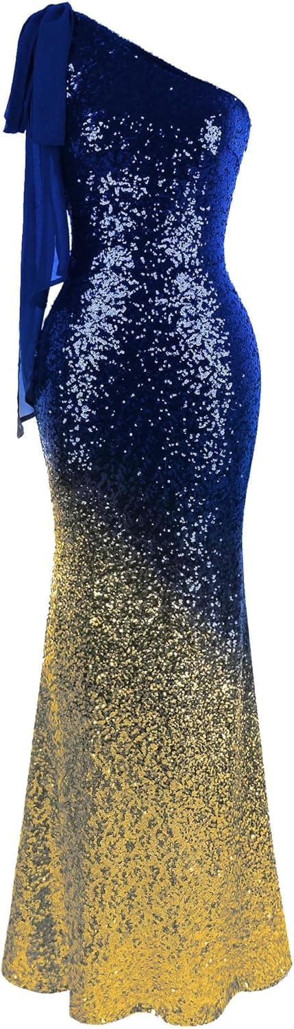 Angel-fashions Women's Asymmetric Ribbon Gradient Sequin Mermaid Long Dress