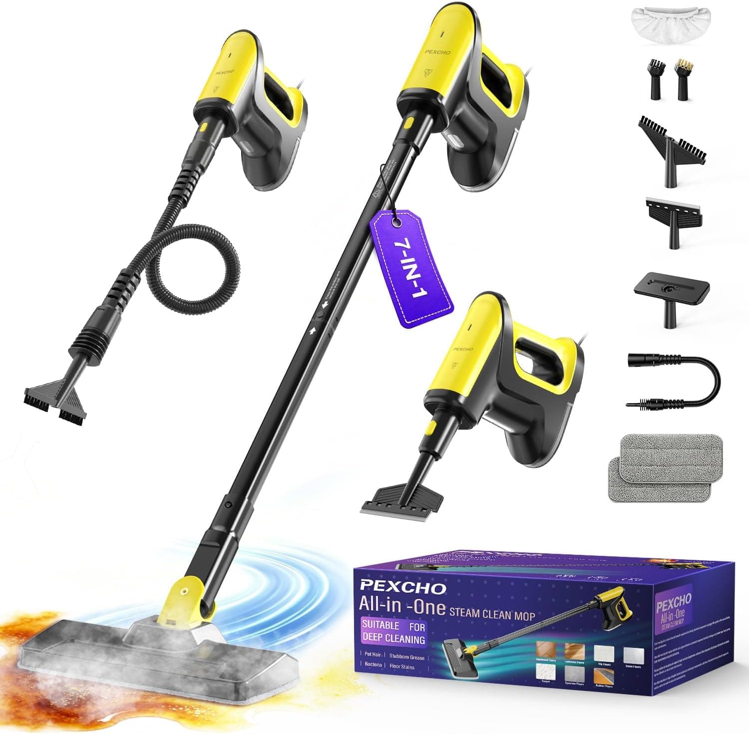 PEXCHO Nettoyeur Vapeur 7 en 1, 1500W Balai Vapeur Multifonction élimine 99,9% des virus et bactéries, Chauffe en 15 Secondes pour tous les s