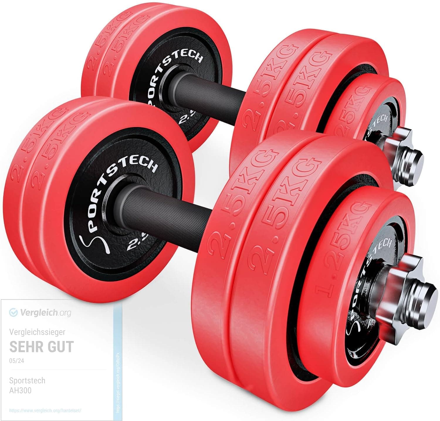Sportstech AH300, Hanteln Set, 20 kg-30 kg, 2in1 Kurzhanteln und Langhantel Set, verstellbar, mit Silikonüberzug, Gewichte Hantelset für Zuhause, Krafttraining, Fitness Home