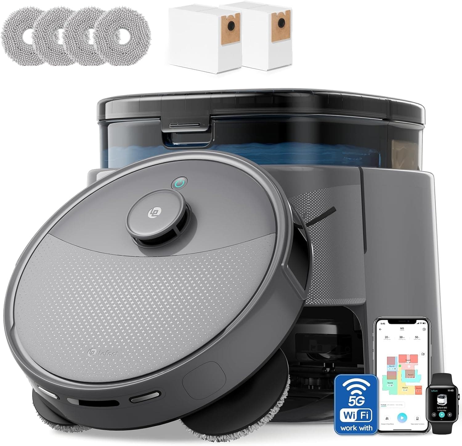 Lefant Robot Vacuum and Mop, 20000Pa Suction,90-Day Self-Emptying, Obstacle Avoidance,5200mAh Battery，Auto Mop Washing&Drying, All-in-One for Pet Hair Carpet, 5G WiFi Alexa/APP/iWatch Control, M3 Max