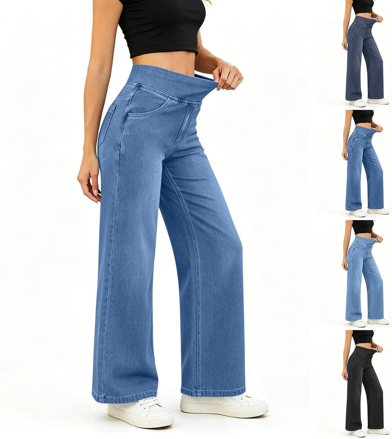 AACH Jeans Damen Weites Bein Stretch Jeanshose Elastische Taille Denim Hose mit Taschen Freizeithose Baggy Casual Damenjeans Bequeme Vintage Sommerhose 2026 Mode Jeanshosen Streetwear