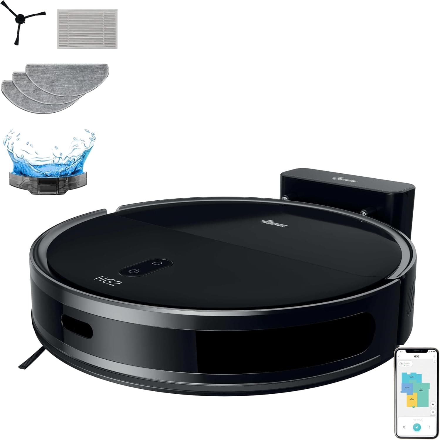 Hoover HG2 Robot Aspirapolvere e Lavapavimenti Hydro, Ultra-Sottile – Potente Aspirazione da 5000Pa, Pulizia sotto i Mobili, Navigazione Laser, Fino a 160 Minuti di Autonomia, [HG2Z30H]