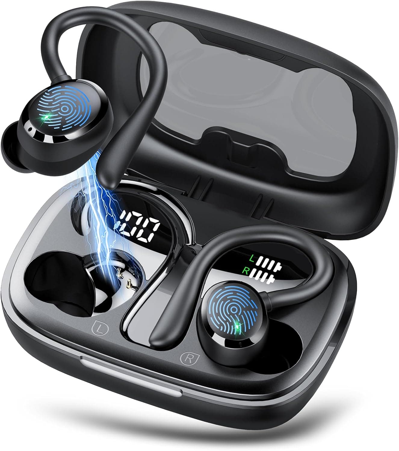KT1 Bluetooth Kopfhörer Sport, Kopfhörer Kabellos Bluetooth 5.3 mit HD Mic, In Ear Kopfhörer mit 4 ENC Klarer Mic, 72 Std Kabellose Kopfhörer mit Tiefer Bass,IPX7 Wasserdicht Ohrhörer mit Ohrhaken
