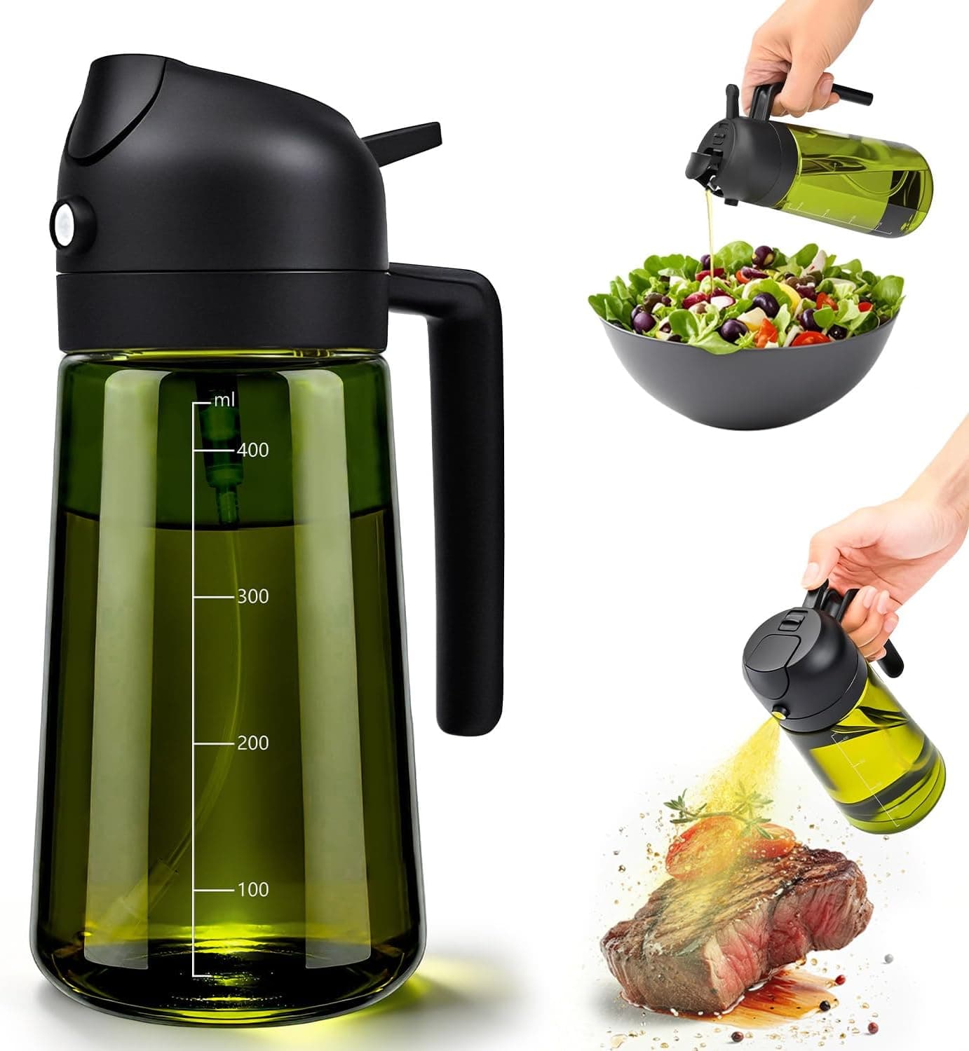 MRUN BONE 2 in 1 Ölsprüher für Speiseöl, UV-Schutz Sprühflasche Öl, 470ML Cooking Oil Sprayer, Ölausgießer für Heißluftfritteuse, Sprühöl, Zum Kochen,Grillen,Küche, Heißluftfritteuse