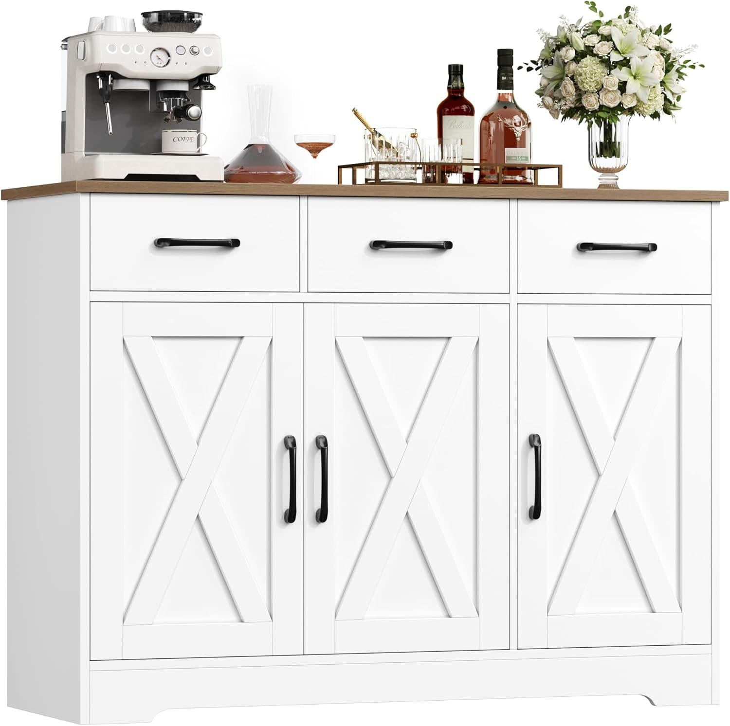 HOCSOK Sideboard, Küchenschrank mit 3 Schubladen und 3 Türen für Küche, Buffetschrank mit Arbeitsplatte, für Esszimmer, Wohnzimmer, Holz, Weiß & Braun